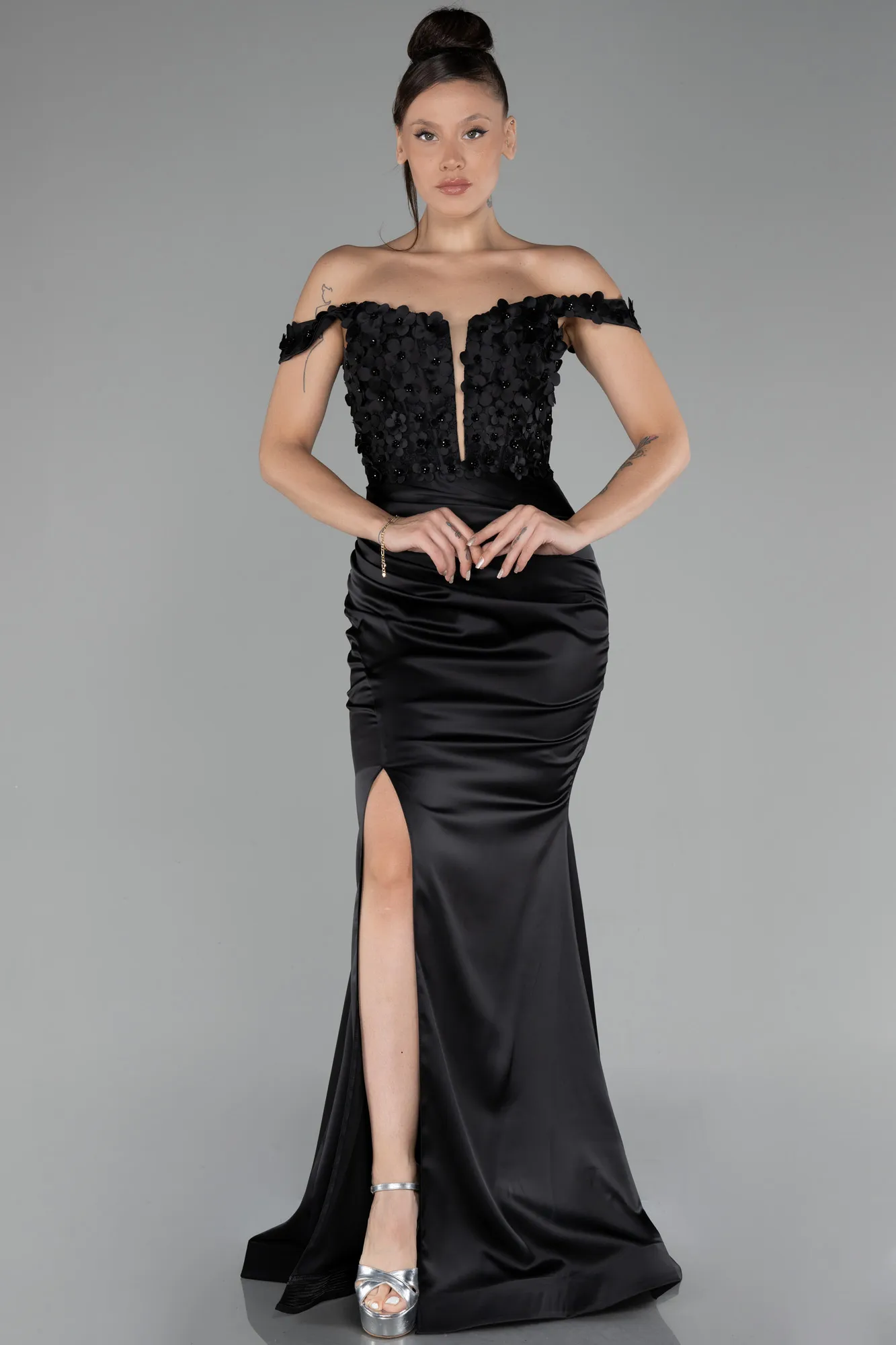 Black-Boat Neck Slit Long Prom Gown ABU4264