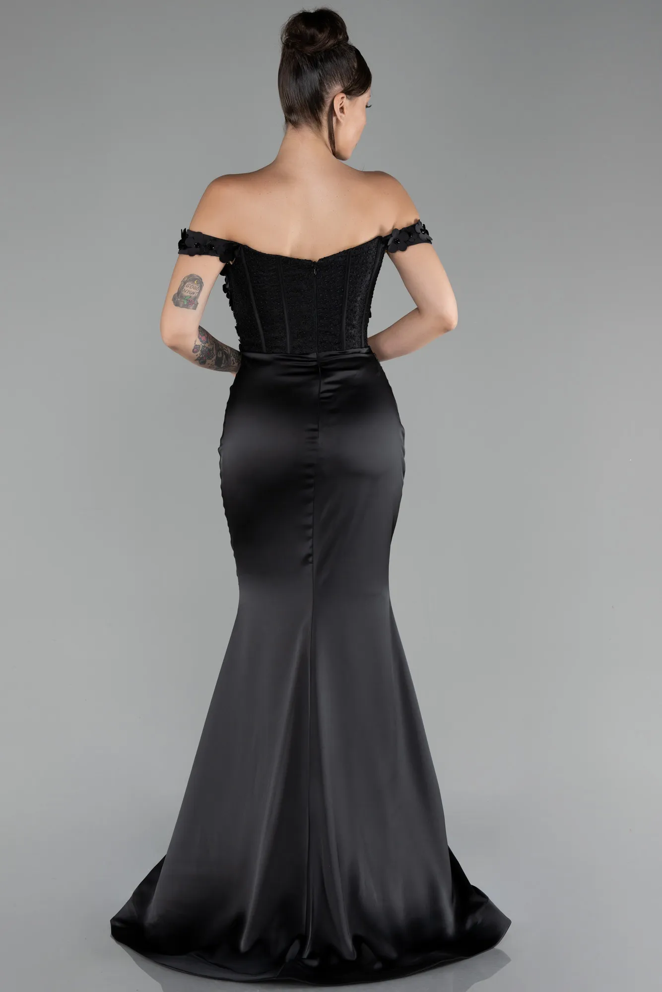 Black-Boat Neck Slit Long Prom Gown ABU4264