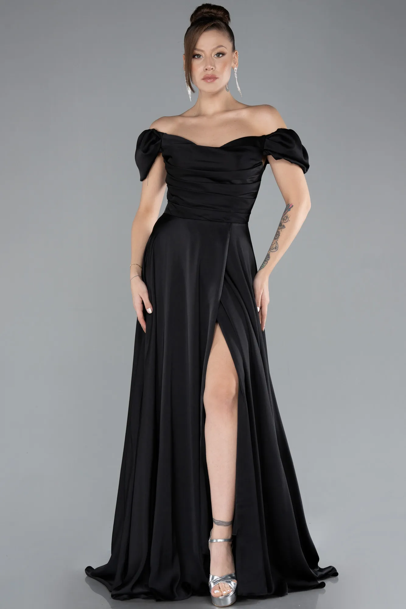 Black-Boat Neck Slit Long Satin Prom Gown ABU4508