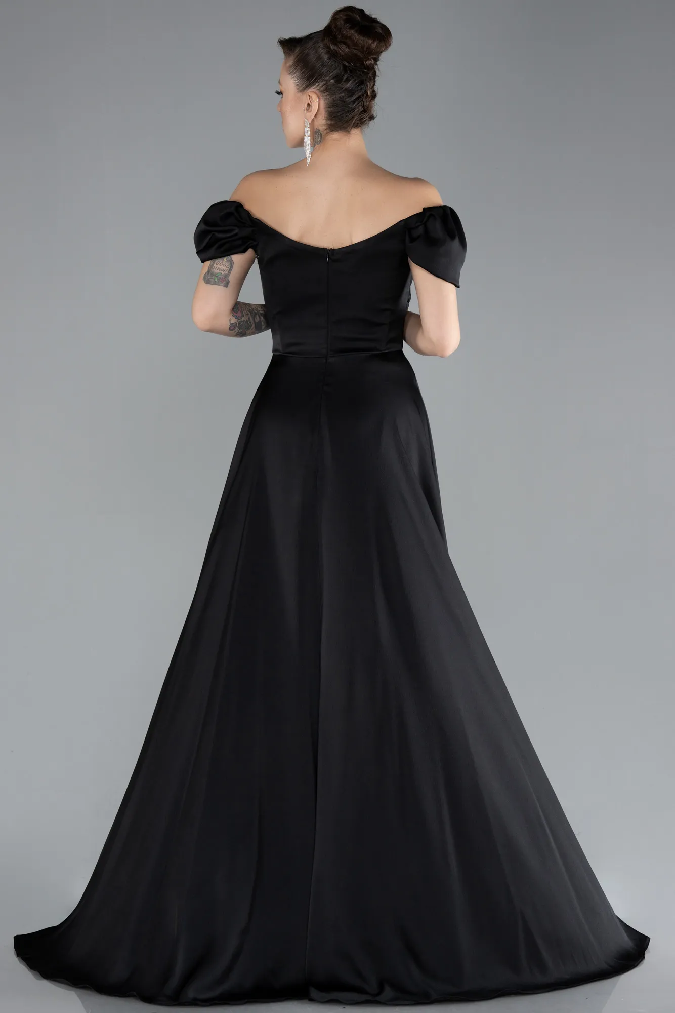 Black-Boat Neck Slit Long Satin Prom Gown ABU4508