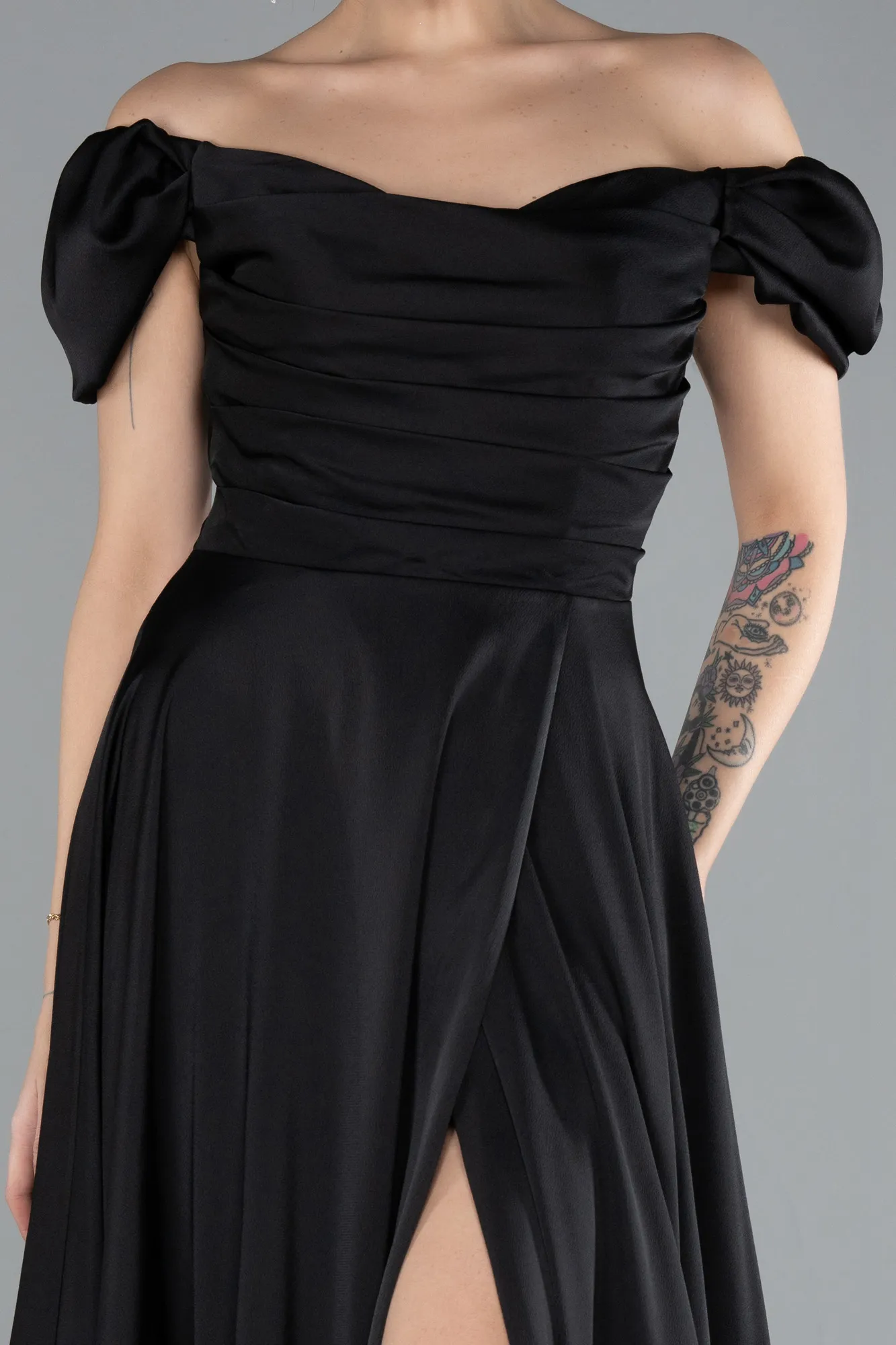 Black-Boat Neck Slit Long Satin Prom Gown ABU4508