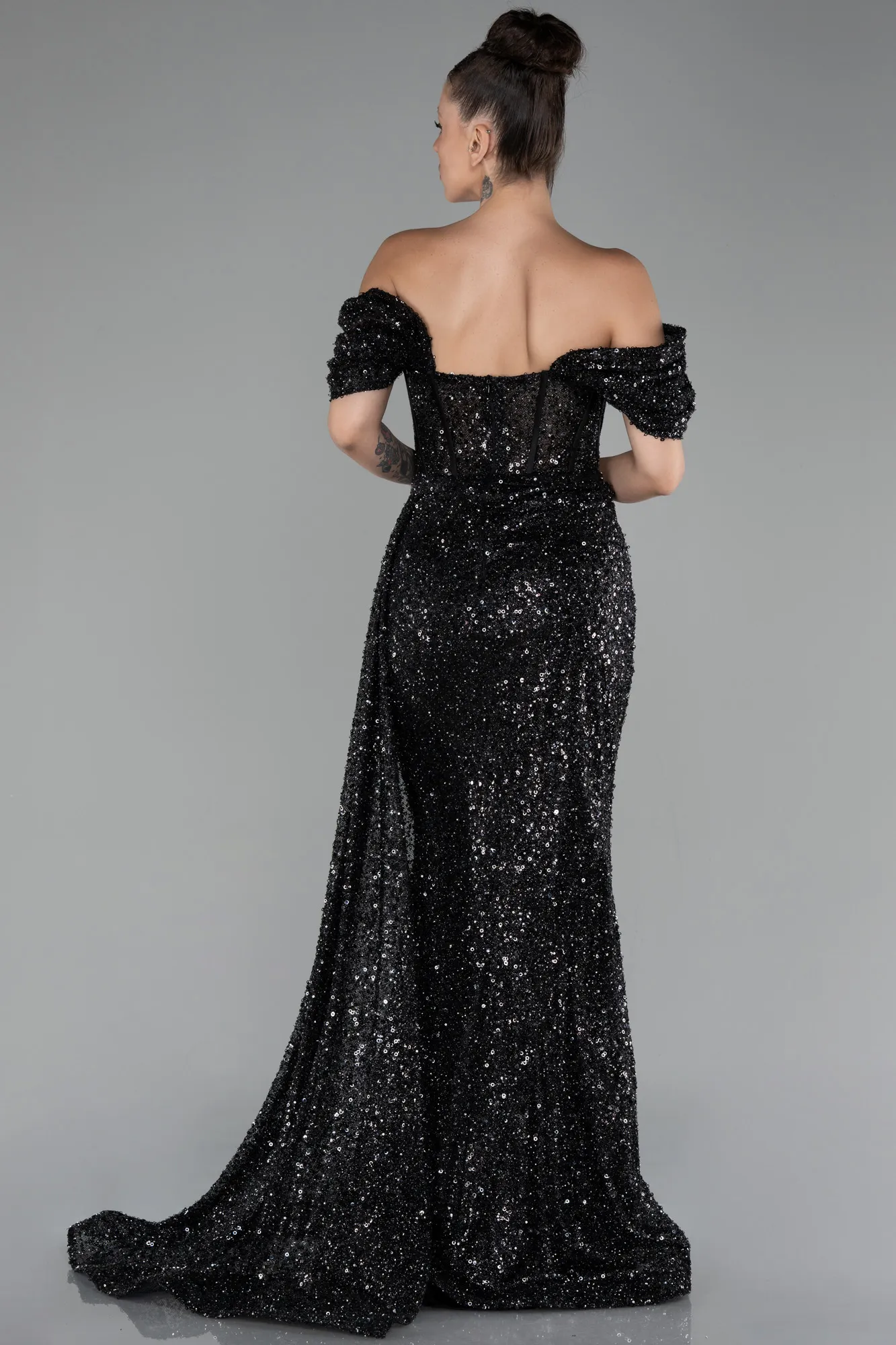 Black-Boat Neck Slit Long Scaly Prom Gown ABU4265