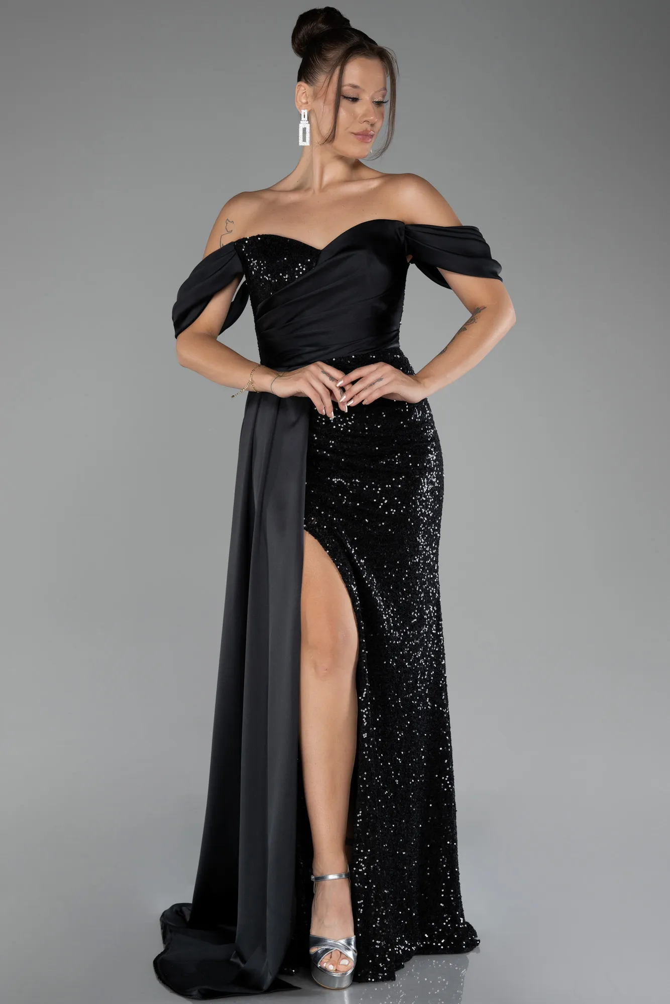 Black-Boat Neck Slit Long Sequined Evening Gown ABU4085