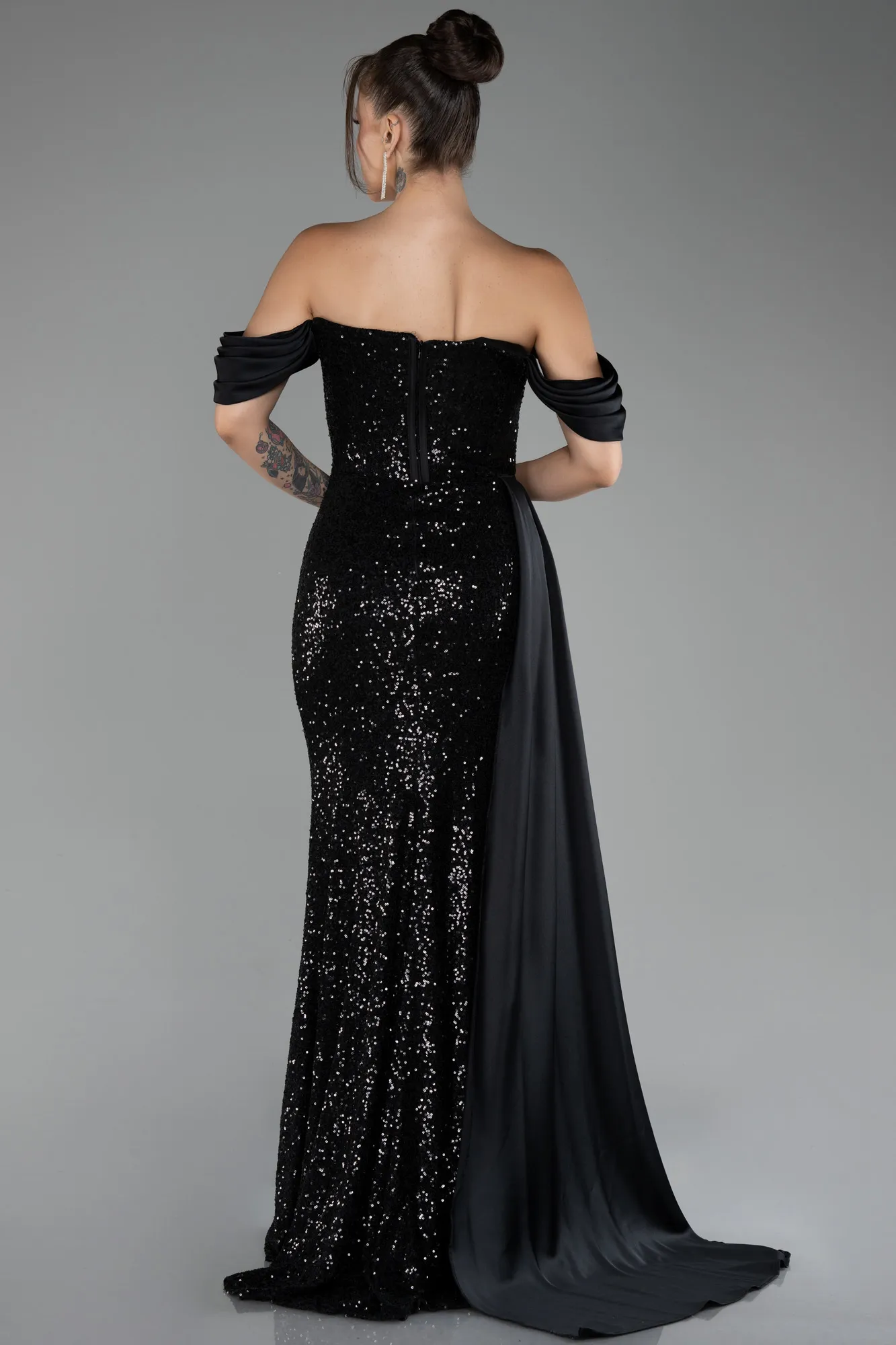 Black-Boat Neck Slit Long Sequined Evening Gown ABU4085