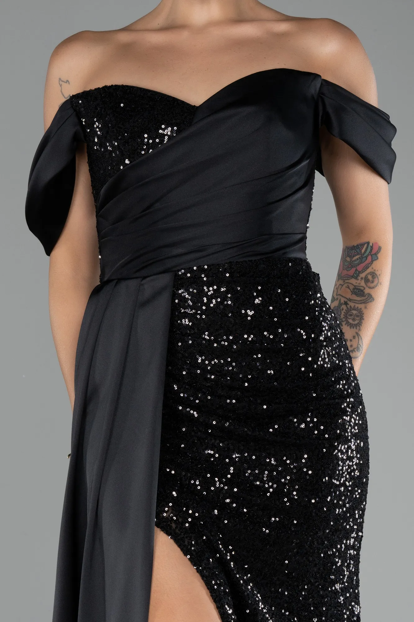 Black-Boat Neck Slit Long Sequined Evening Gown ABU4085