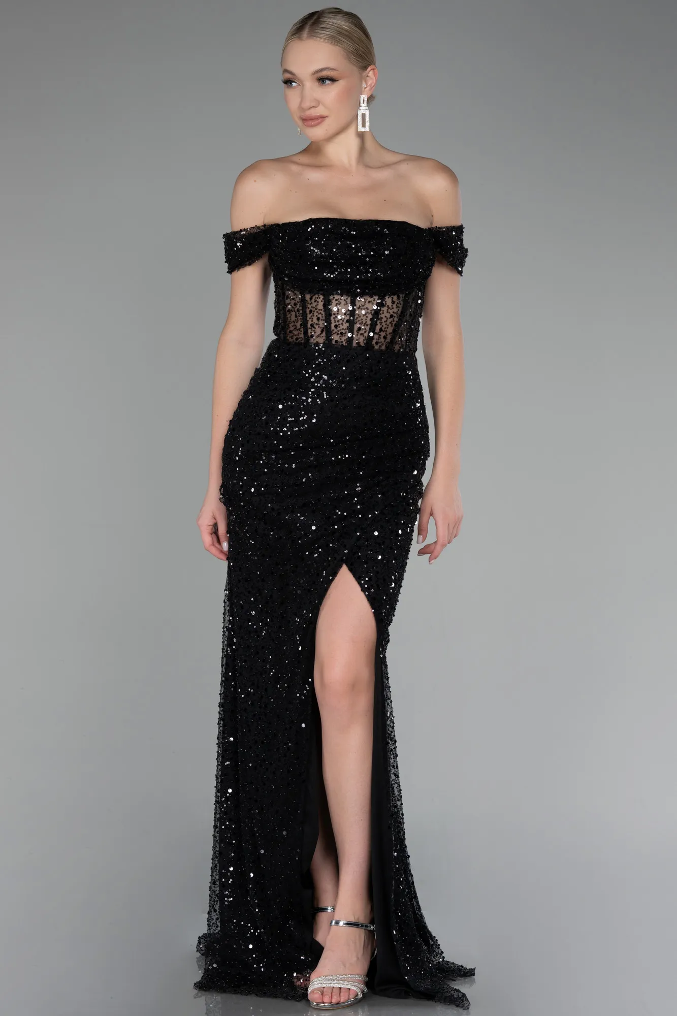 Black-Boat Neck Slit Long Sequined Evening Gown ABU4120