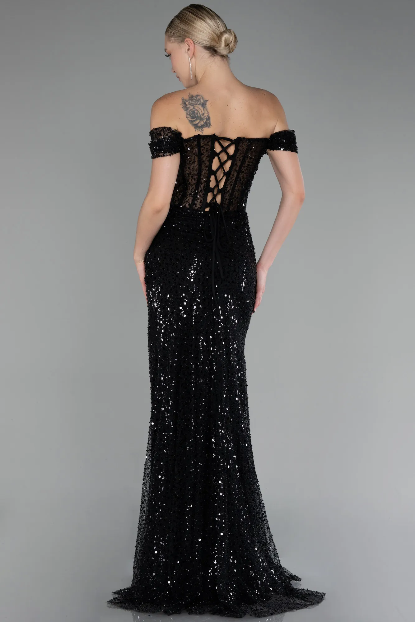 Black-Boat Neck Slit Long Sequined Evening Gown ABU4120