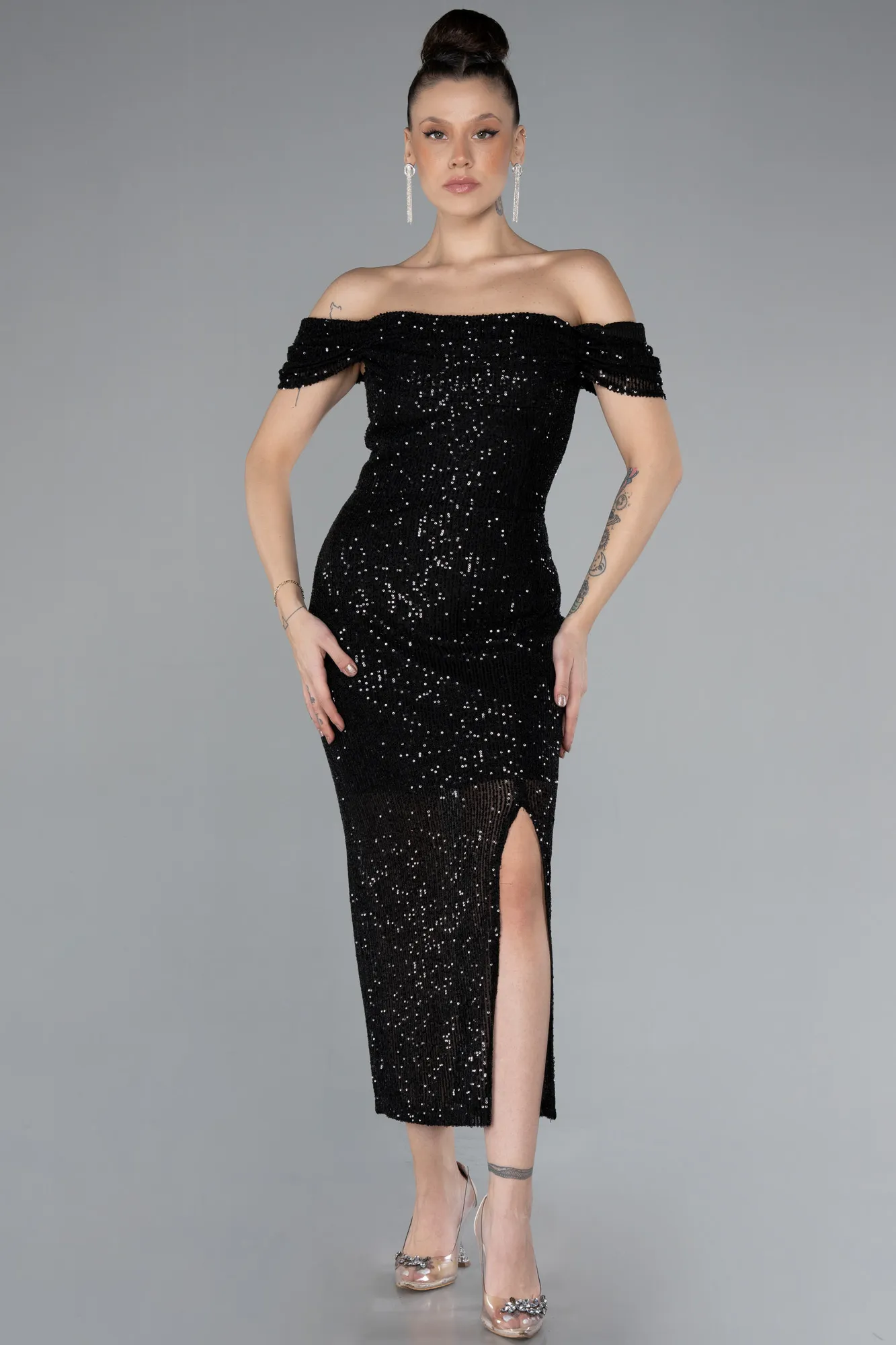 Black-Boat Neck Slit Midi Sequined Evening Dress ABK2207