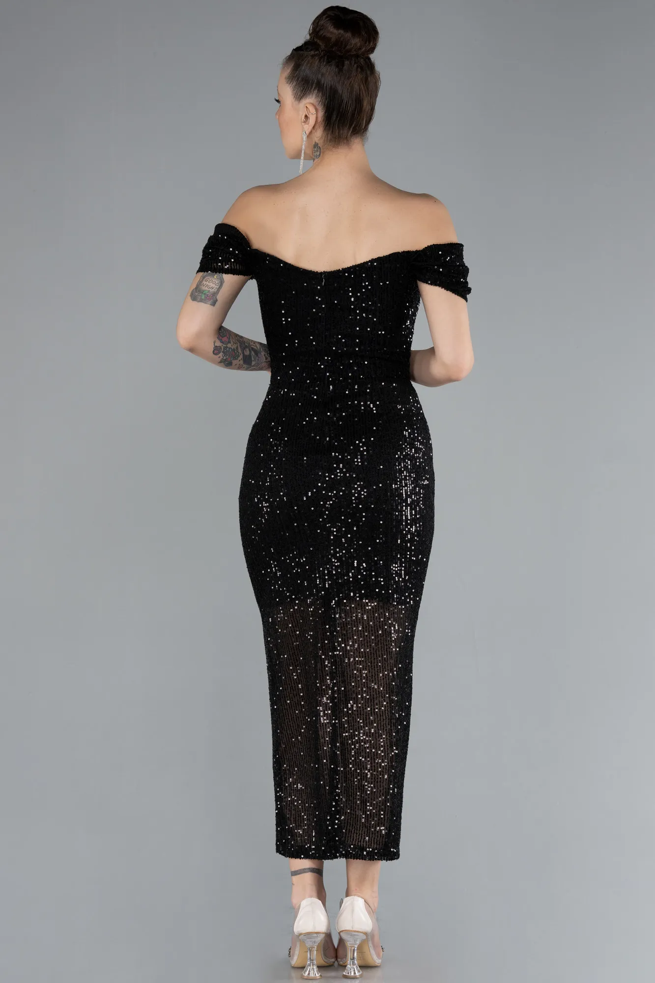 Black-Boat Neck Slit Midi Sequined Evening Dress ABK2207