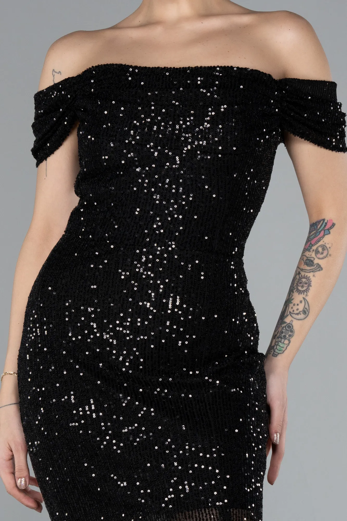 Black-Boat Neck Slit Midi Sequined Evening Dress ABK2207