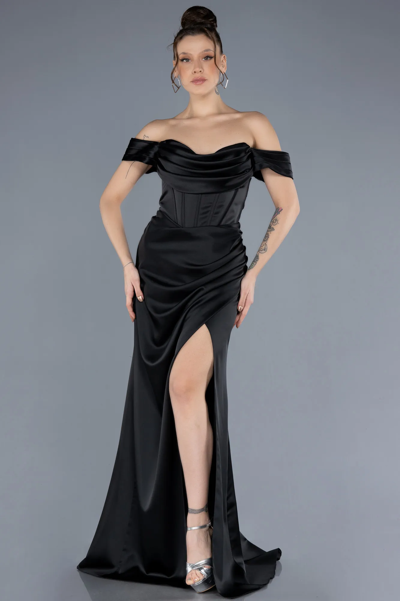 Black-Boat Neck Slit Satin Long Prom Gown ABU4582