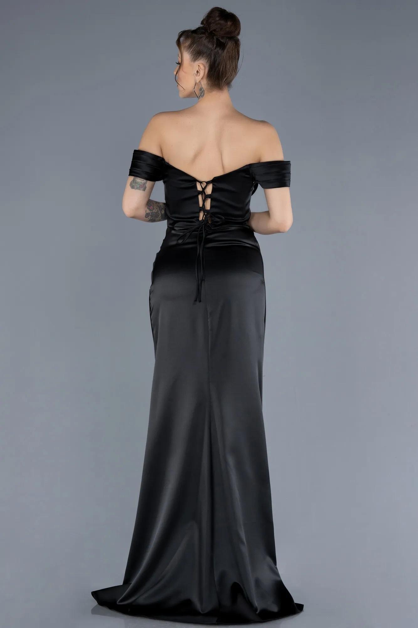 Black-Boat Neck Slit Satin Long Prom Gown ABU4582