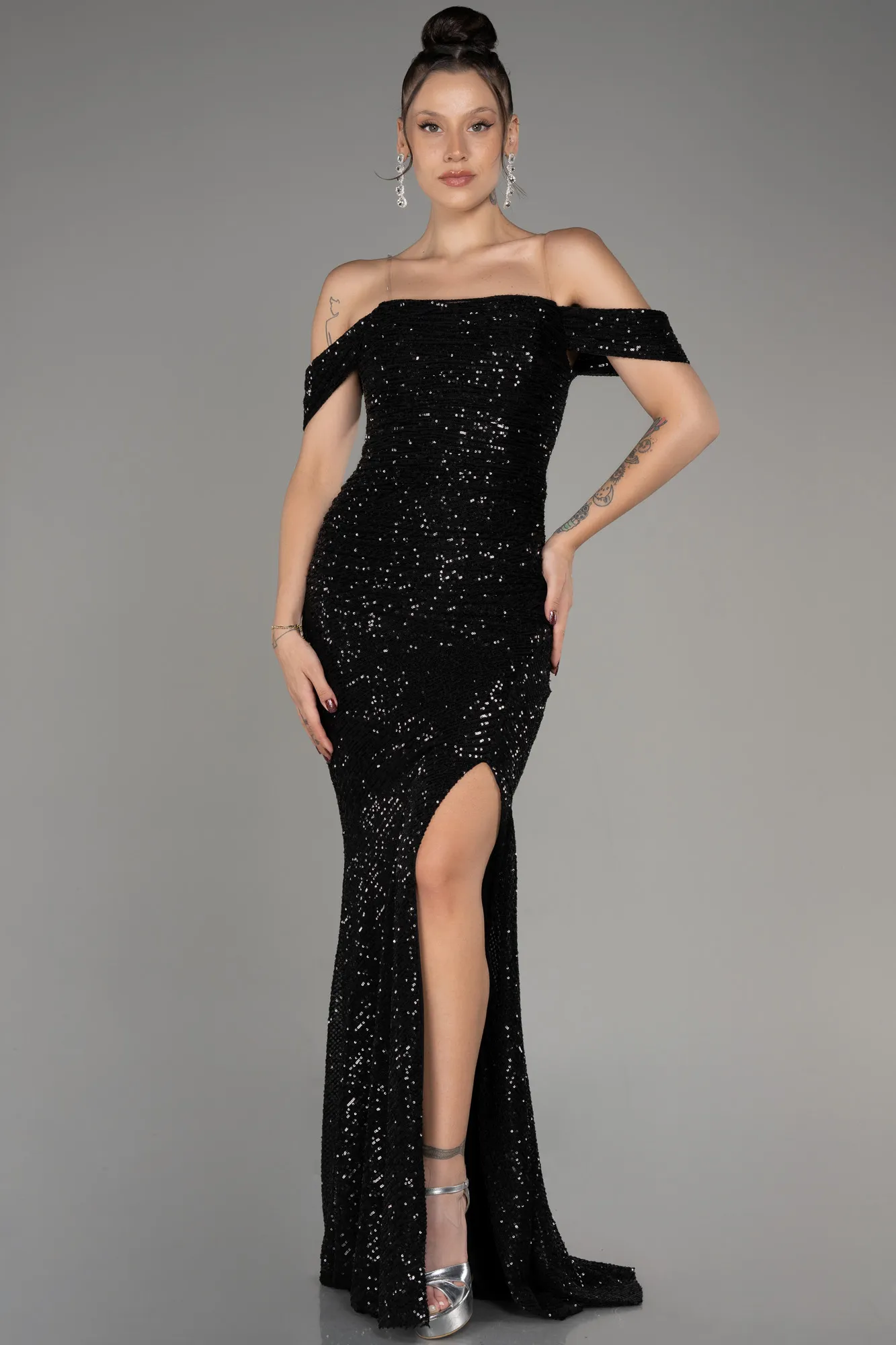 Black-Boat Neck Slit Sequined Long Evening Dress ABU4040