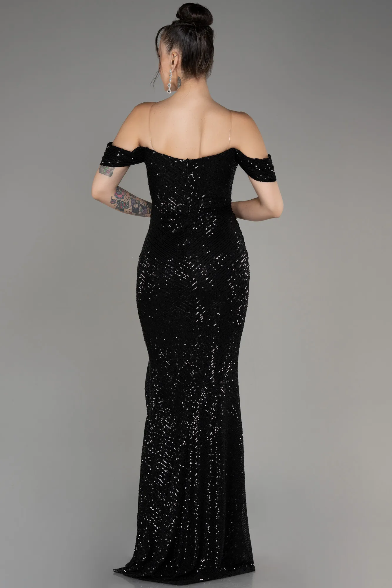 Black-Boat Neck Slit Sequined Long Evening Dress ABU4040