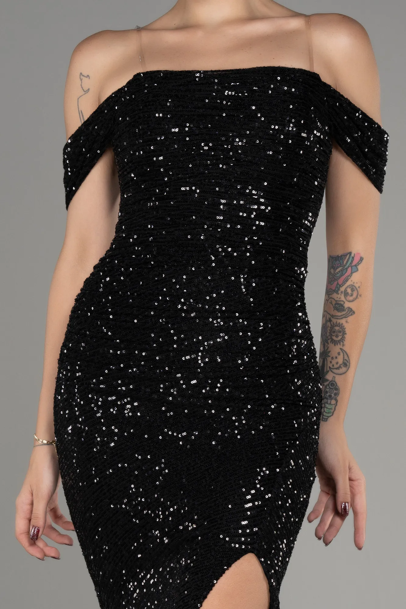 Black-Boat Neck Slit Sequined Long Evening Dress ABU4040