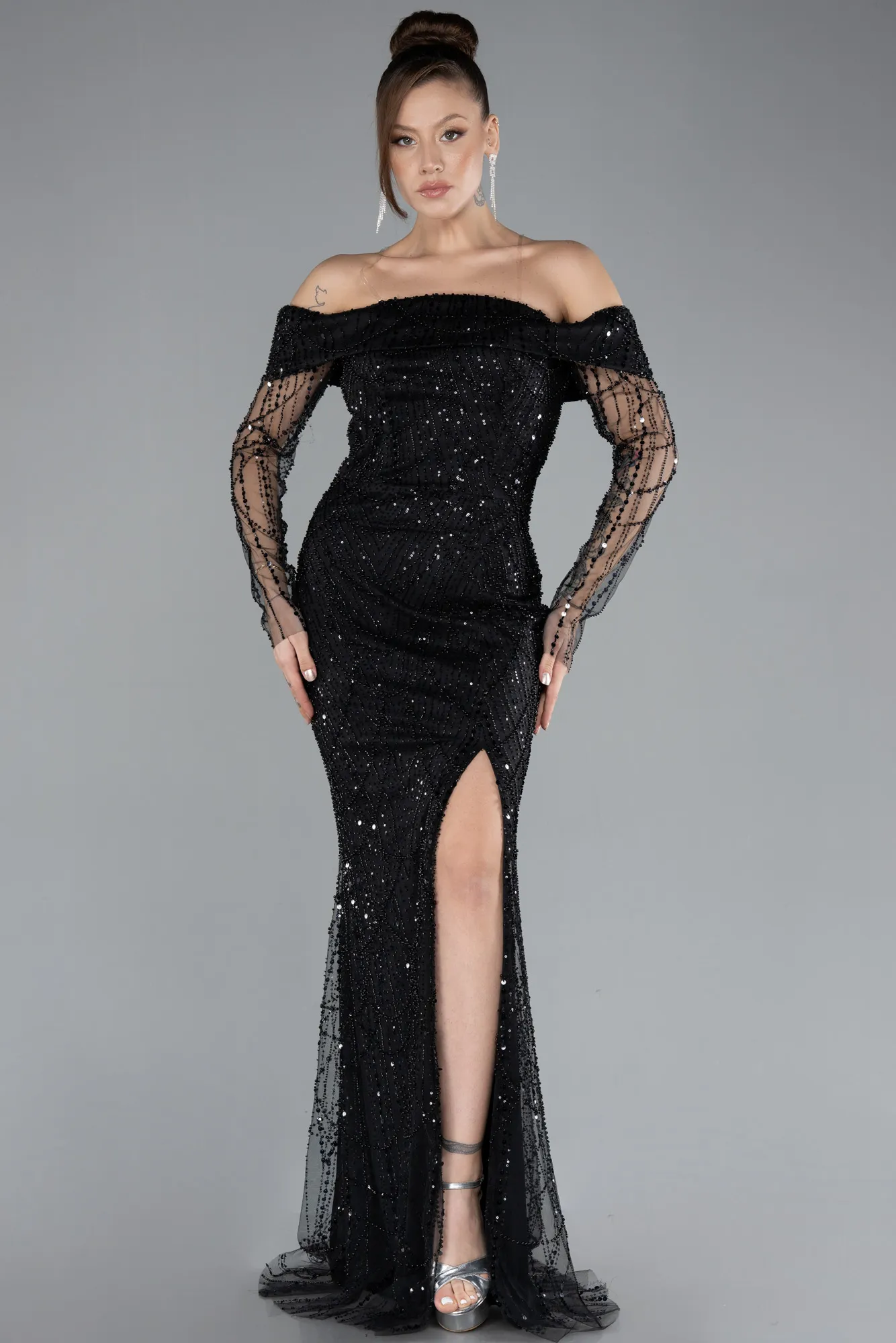 Black-Boat Neck Slit Stone Long Mermaid Evenng Gown ABU4521