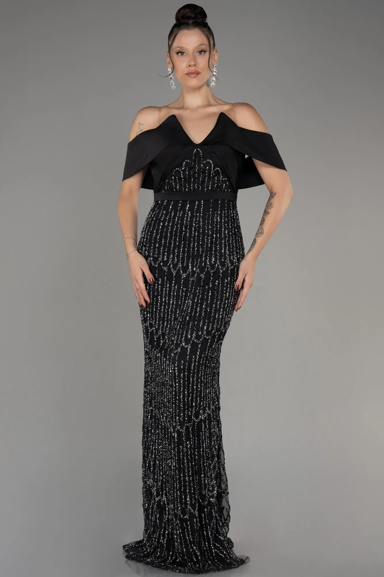 Black-Boat Neck Stone Evening Gown ABU4047