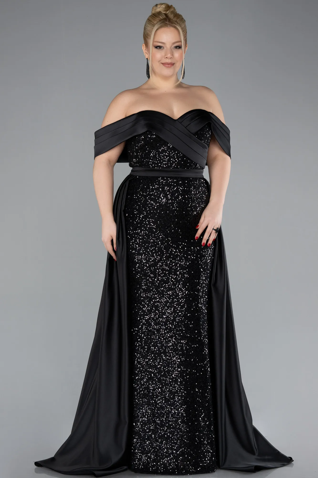 Black-Boat Neck Tail Long Sequined Plus Size Evening Gown ABU4516