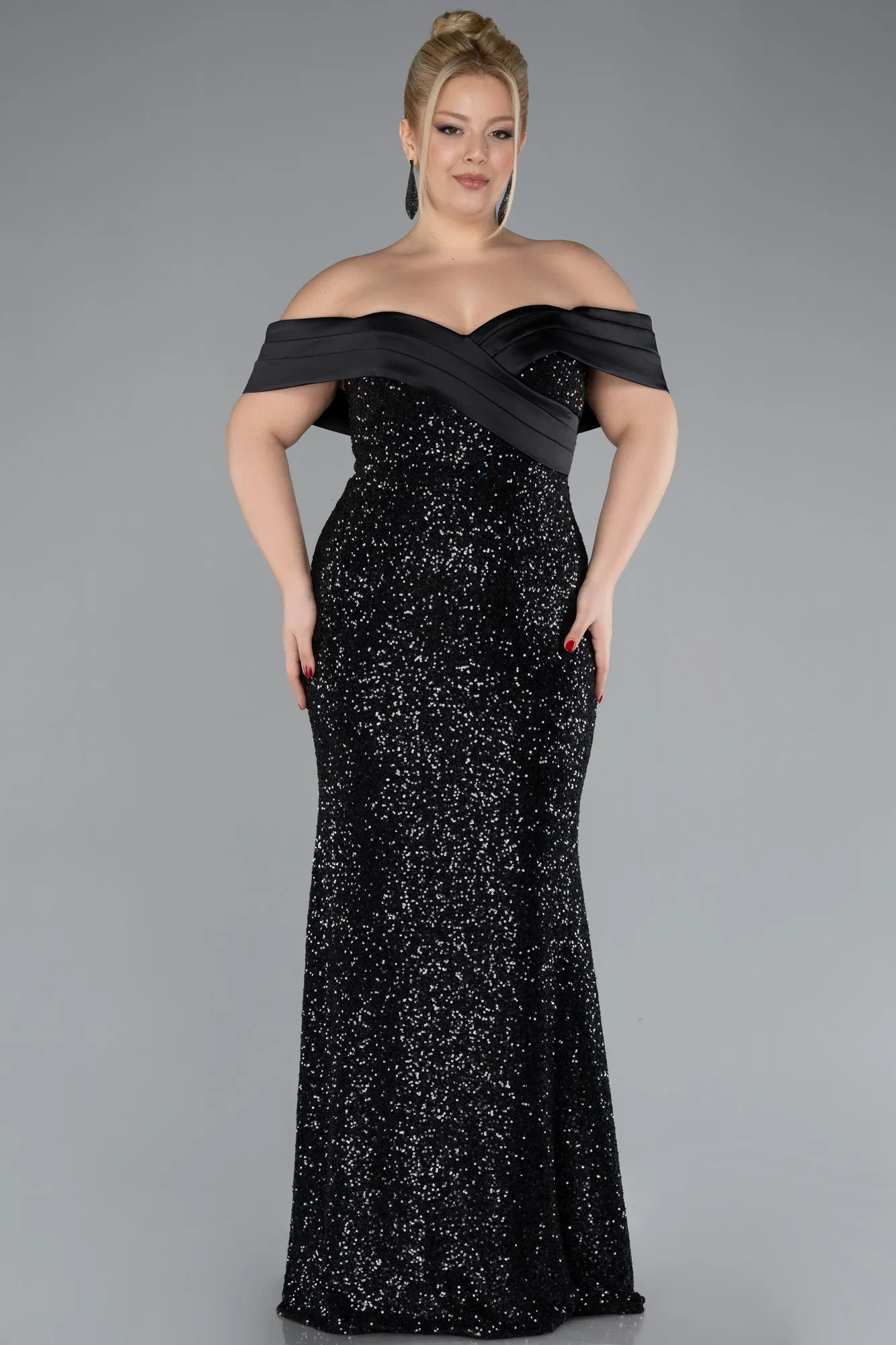 Black-Boat Neck Tail Long Sequined Plus Size Evening Gown ABU4516