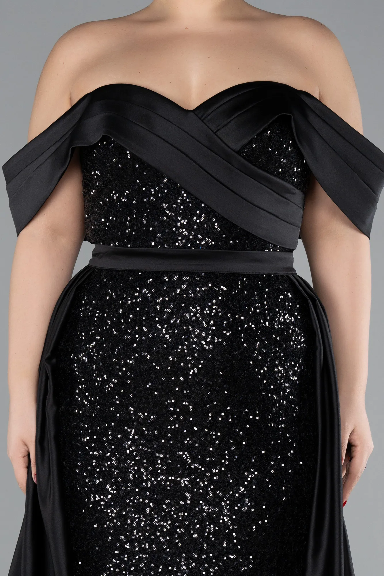 Black-Boat Neck Tail Long Sequined Plus Size Evening Gown ABU4516