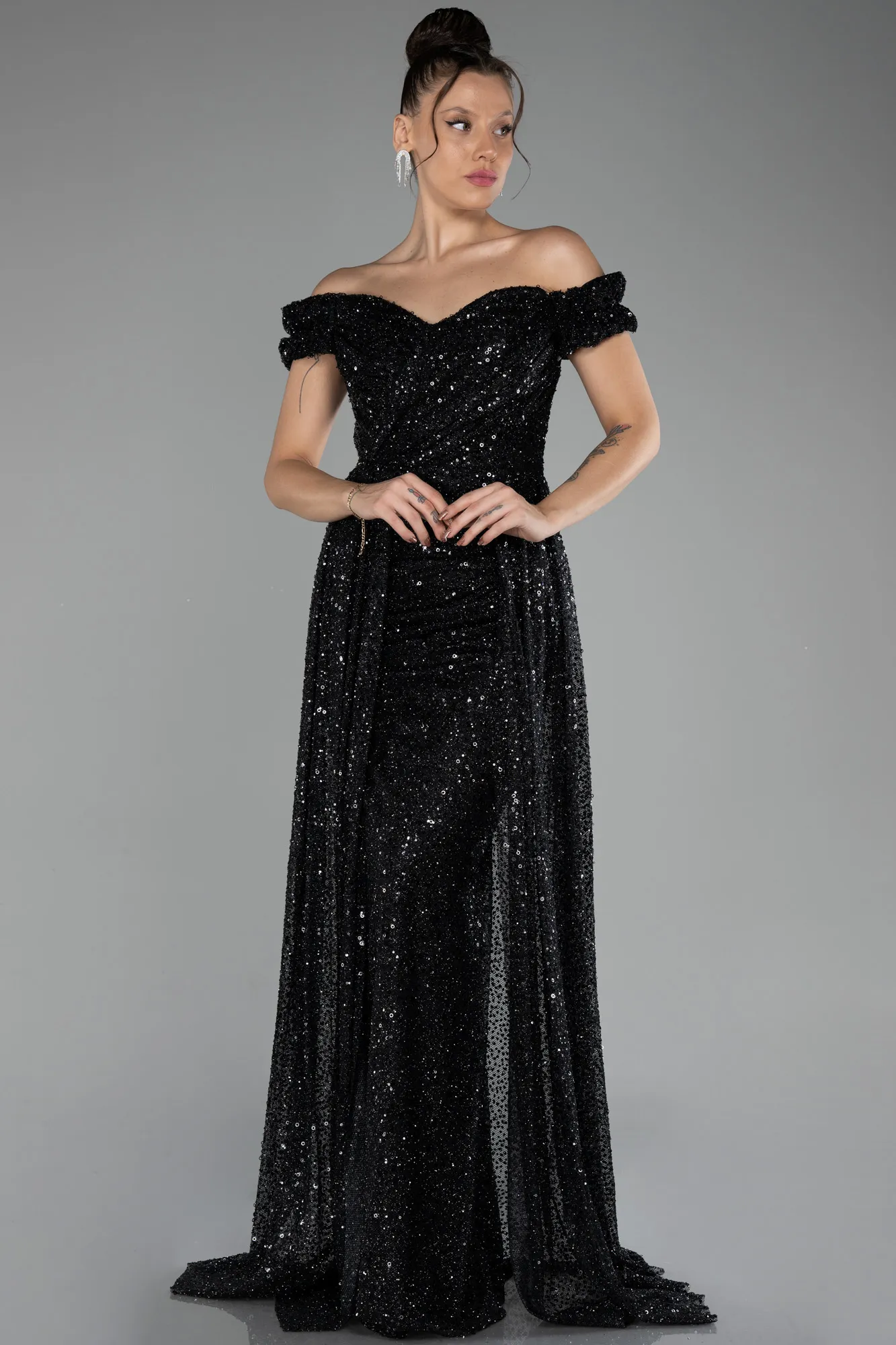 Black-Boat Neck Tail Long Stone Evening Gown  ABU4224