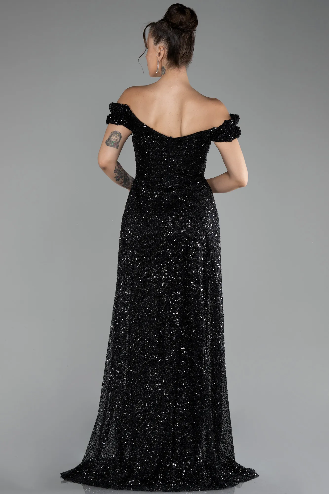 Black-Boat Neck Tail Long Stone Evening Gown  ABU4224