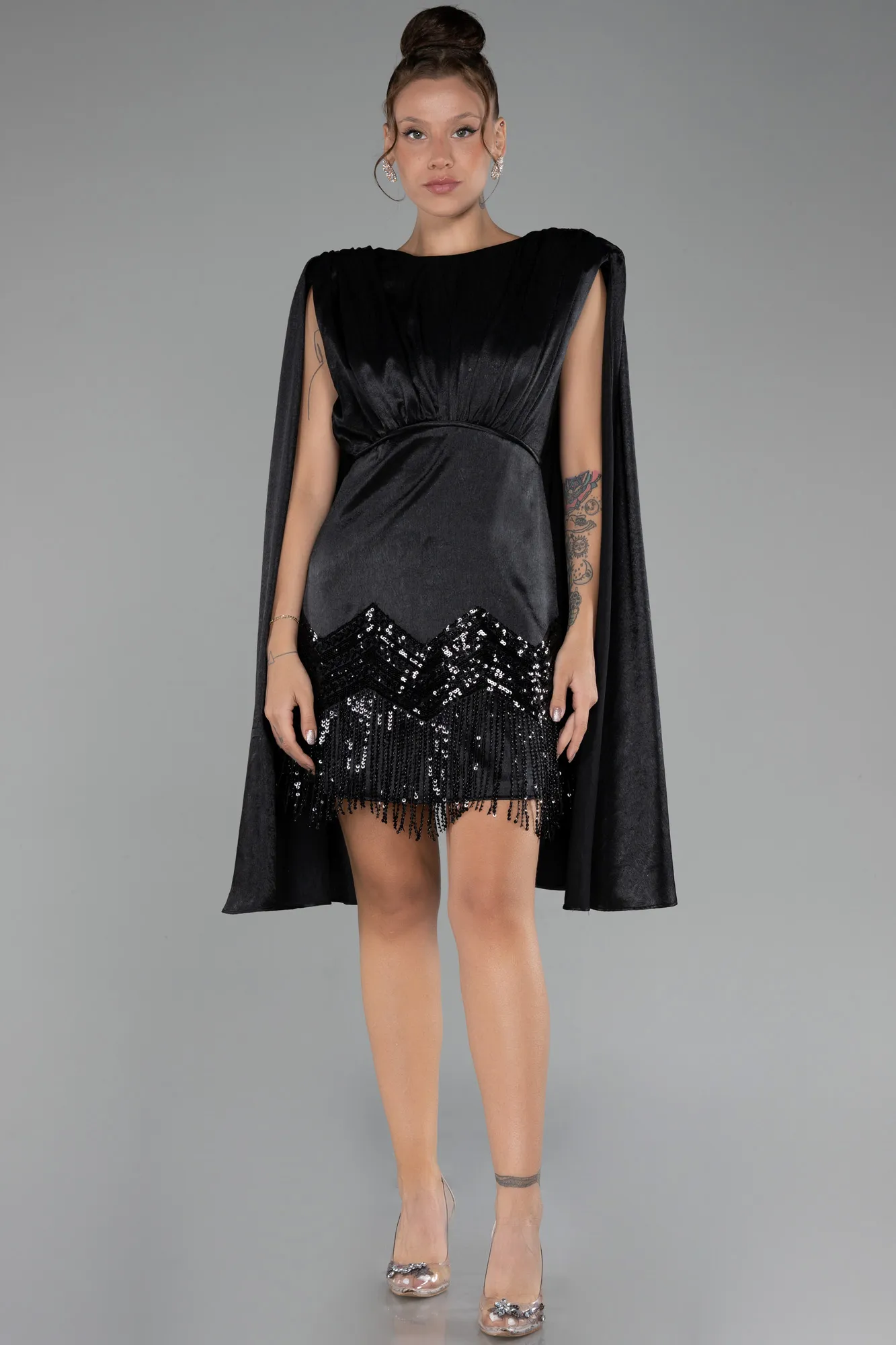 Black-Cape Open Back Short Party Dress ABK2152