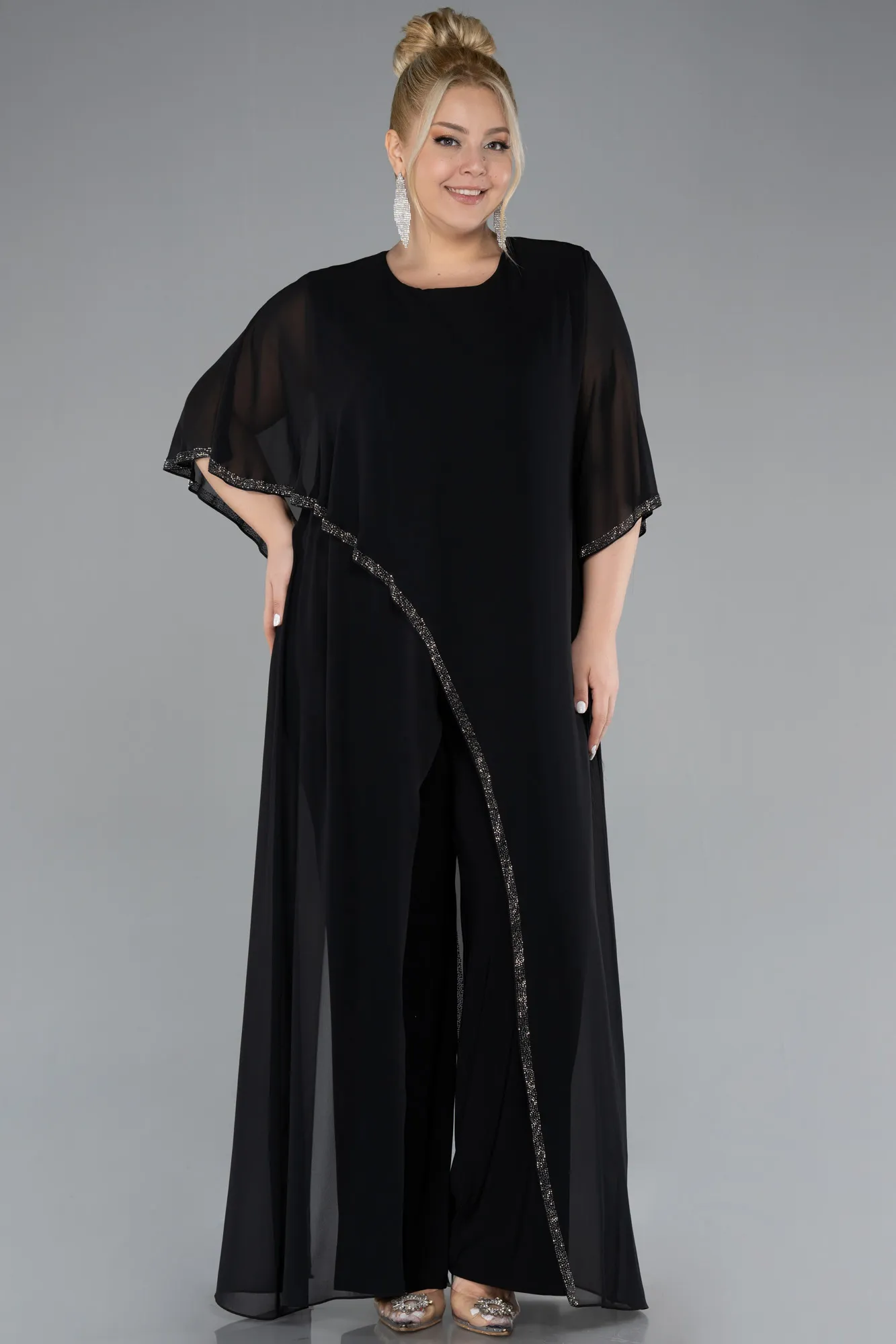 Black-Capri Sleeve Long Chiffon Evening Jumpsuit ABT121