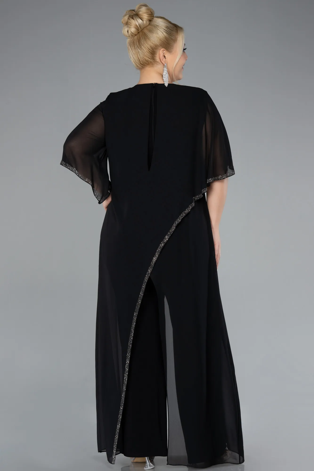 Black-Capri Sleeve Long Chiffon Evening Jumpsuit ABT121