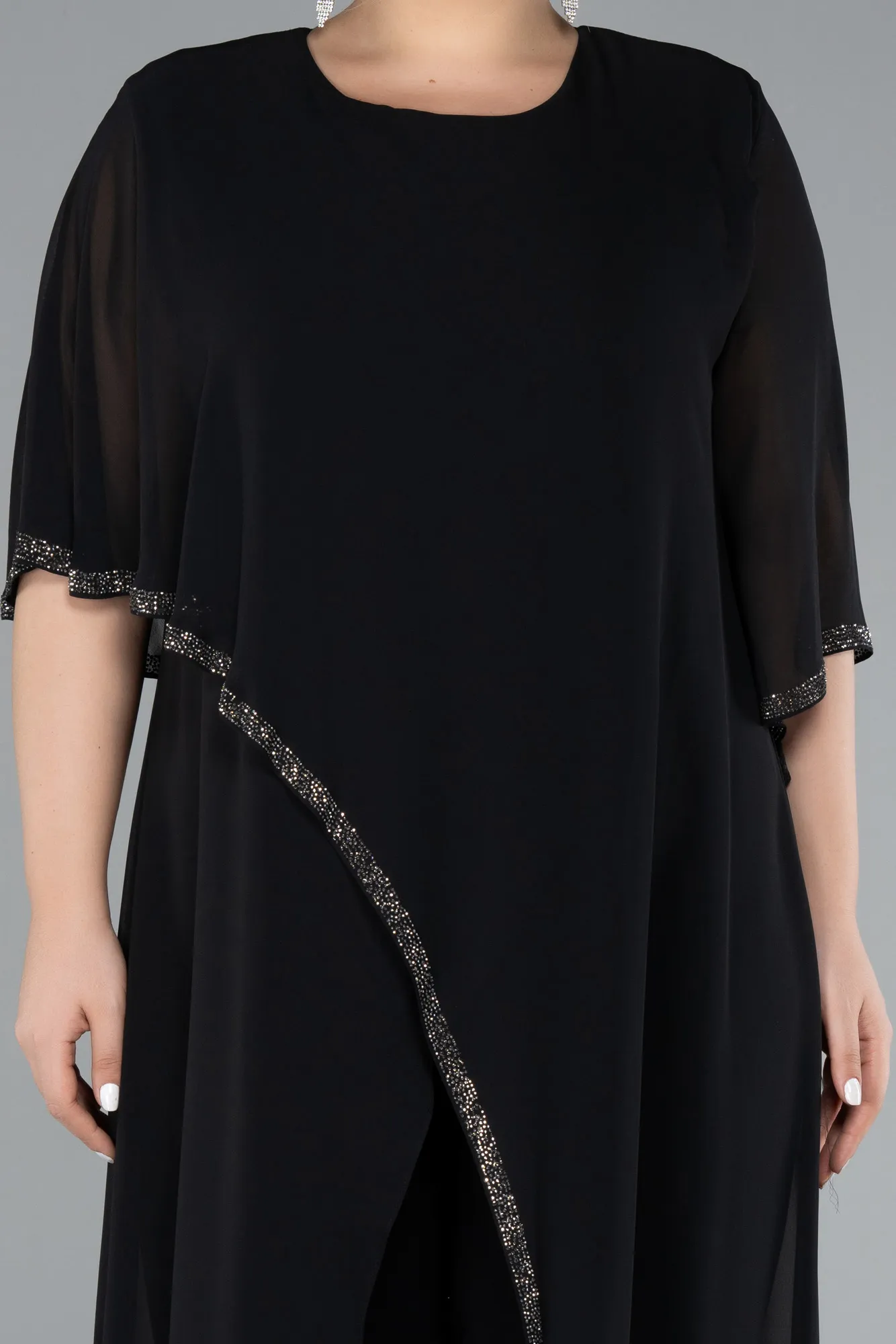 Black-Capri Sleeve Long Chiffon Evening Jumpsuit ABT121