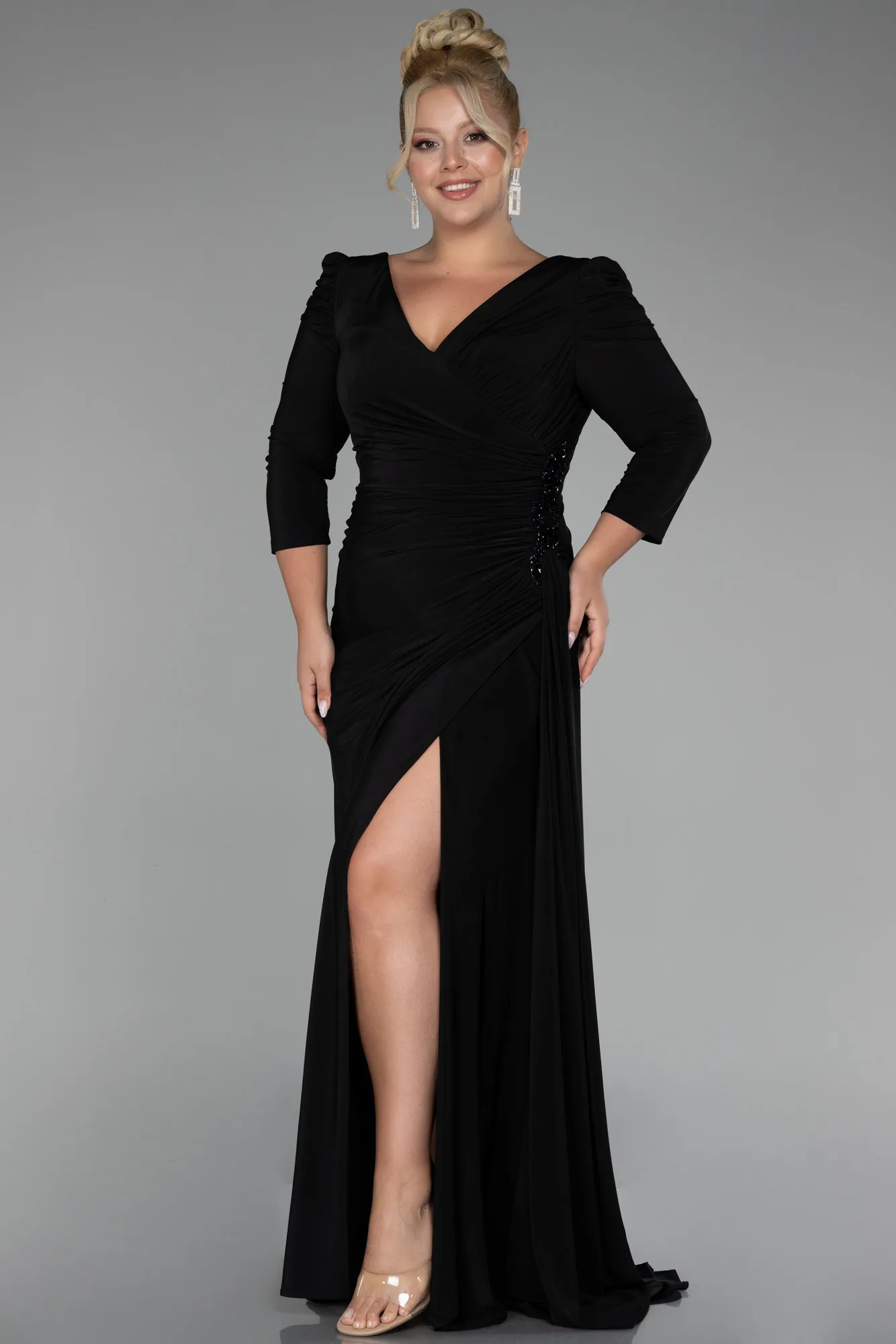 Black-Capri Sleeve Long Plus Size Evening Dress ABU4104