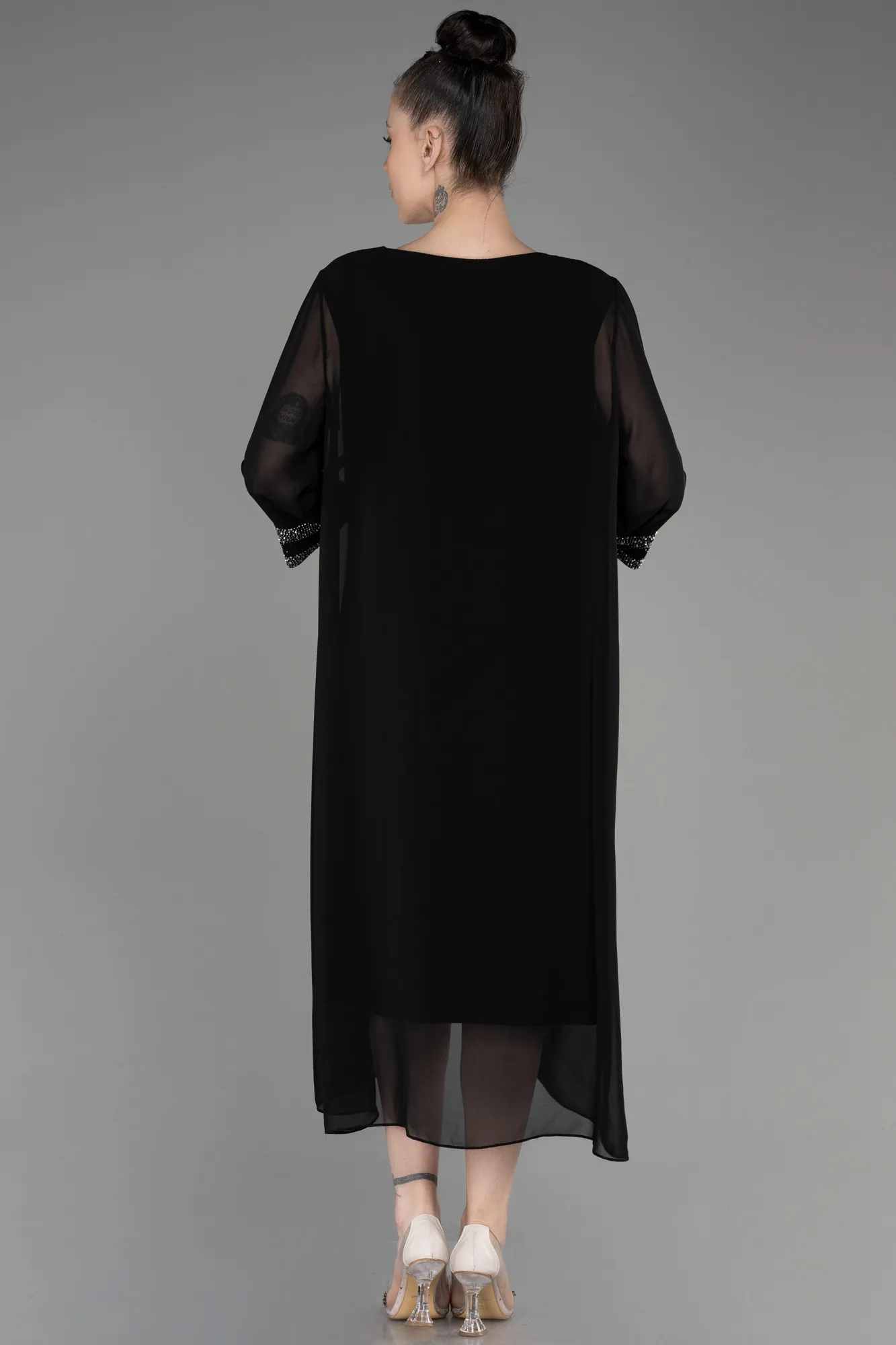 Black-Capri Sleeve Midi Chiffon Plus Size Invitation Dress ABK2061