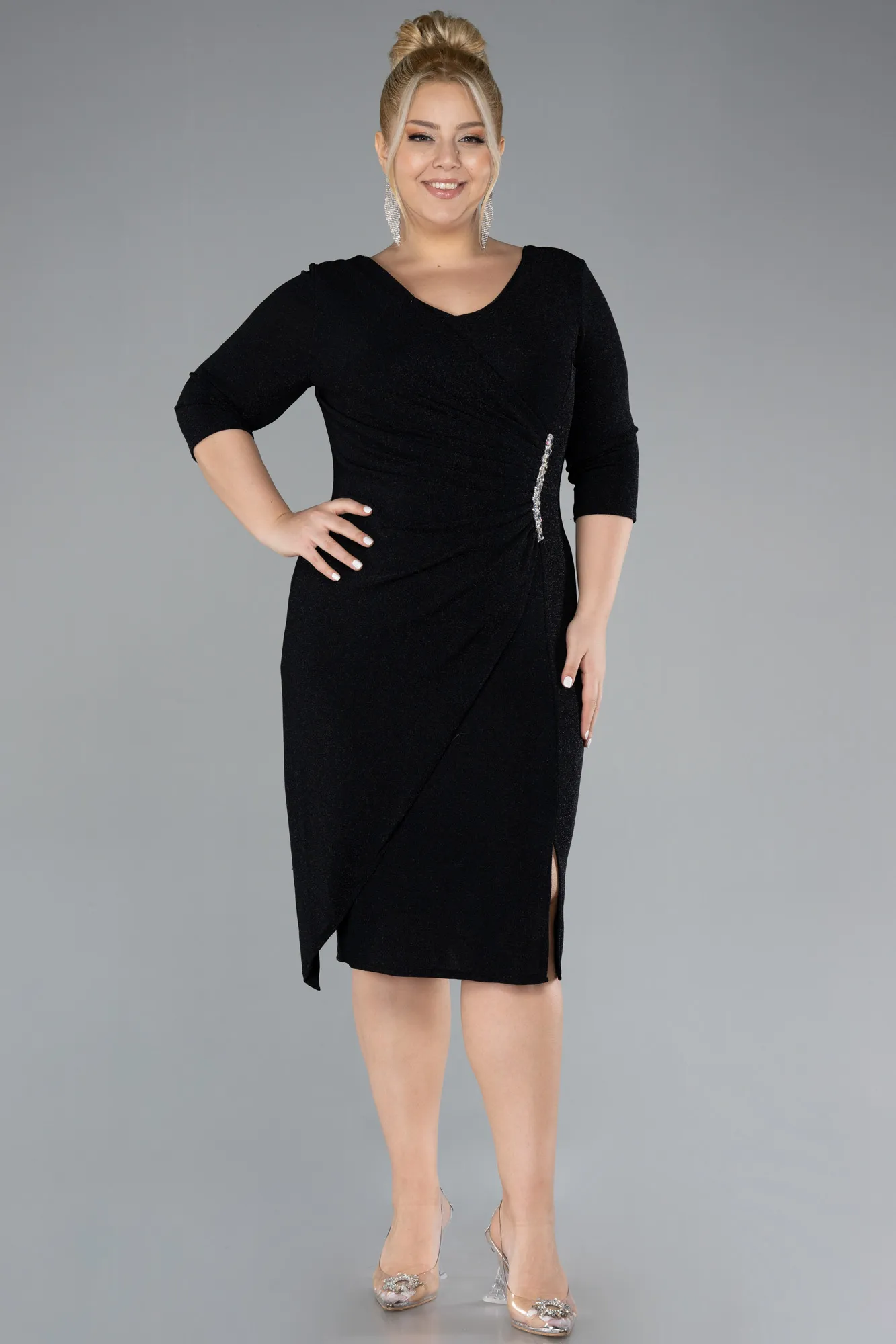 Black-Capri Sleeve Midi Plus Size Evening Dress ABK1950