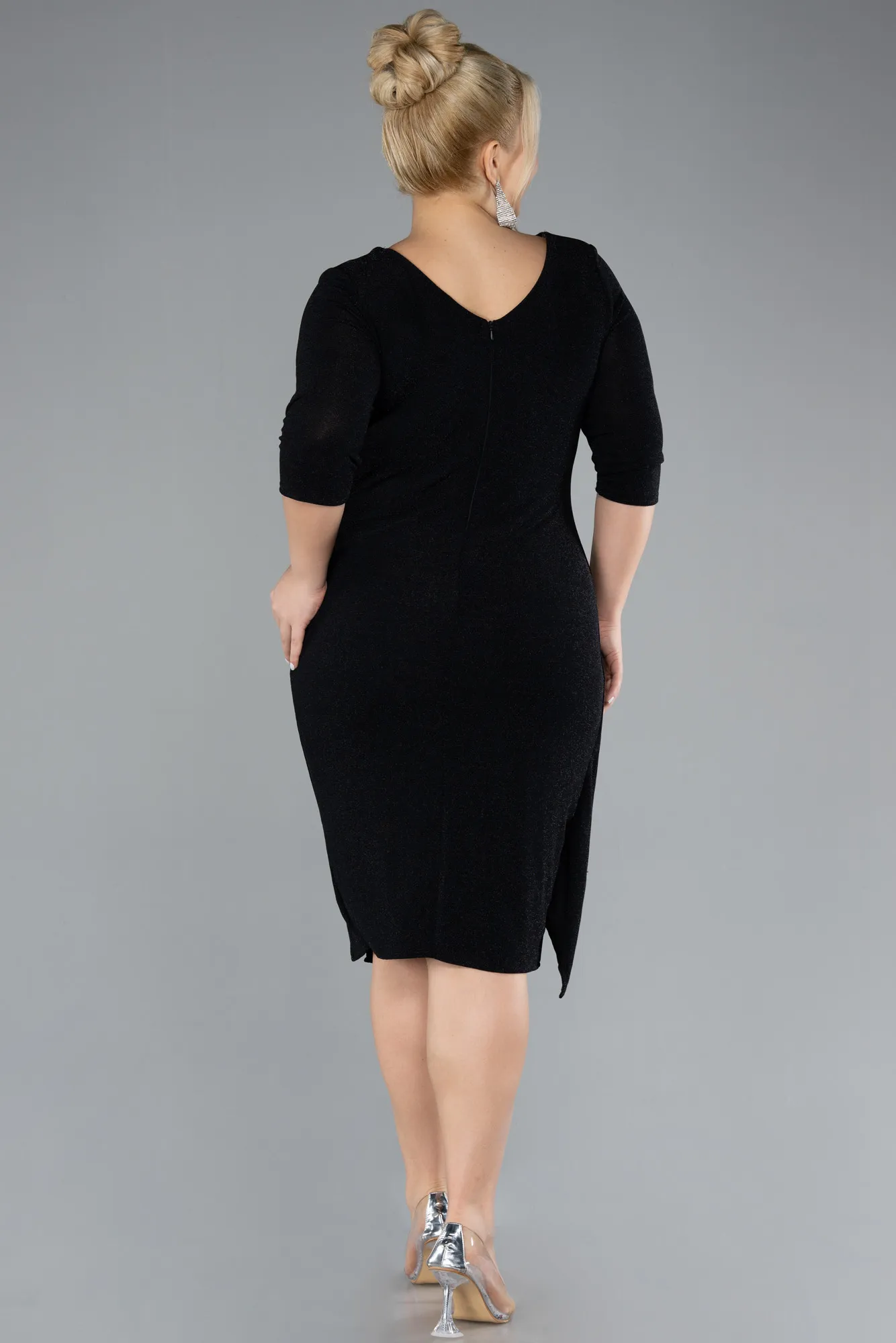 Black-Capri Sleeve Midi Plus Size Evening Dress ABK1950