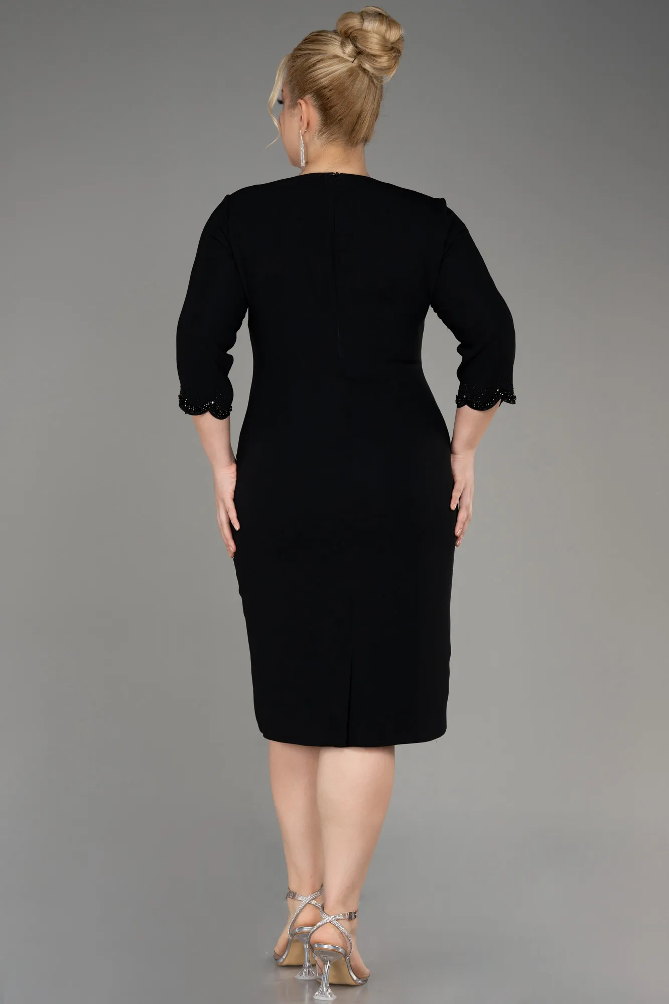 Black-Capri Sleeve Midi Plus Size Evening Dress ABK2095