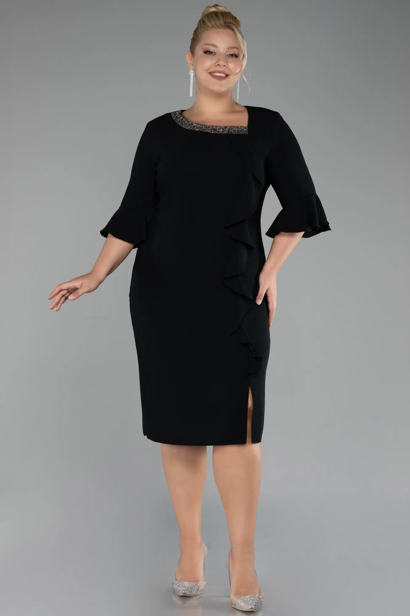 Black-Capri Sleeve Midi Plus Size Invitation Dress ABK2136