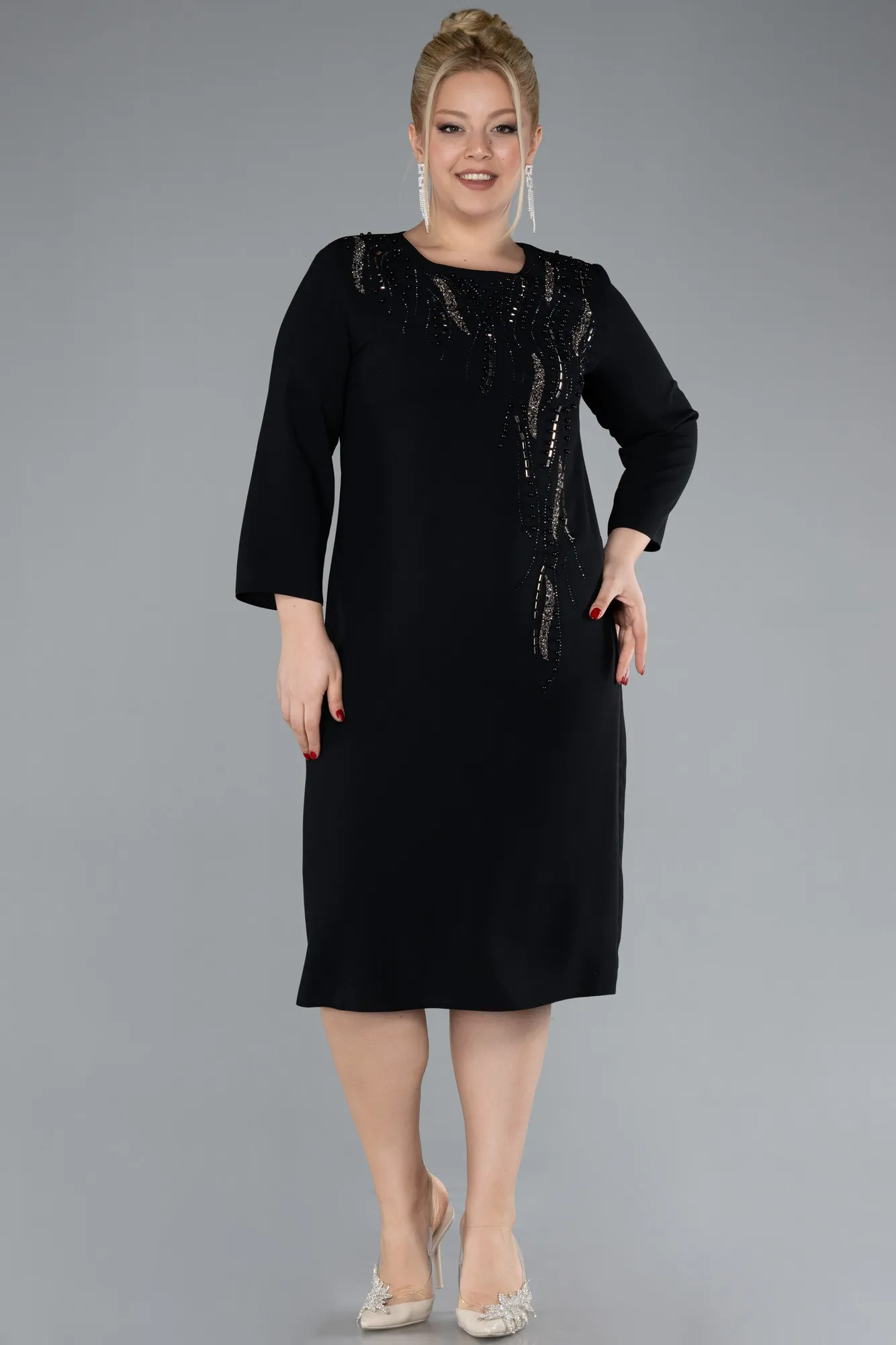 Black-Capri Sleeve Midi Plus Size Invitation Dress ABK2197