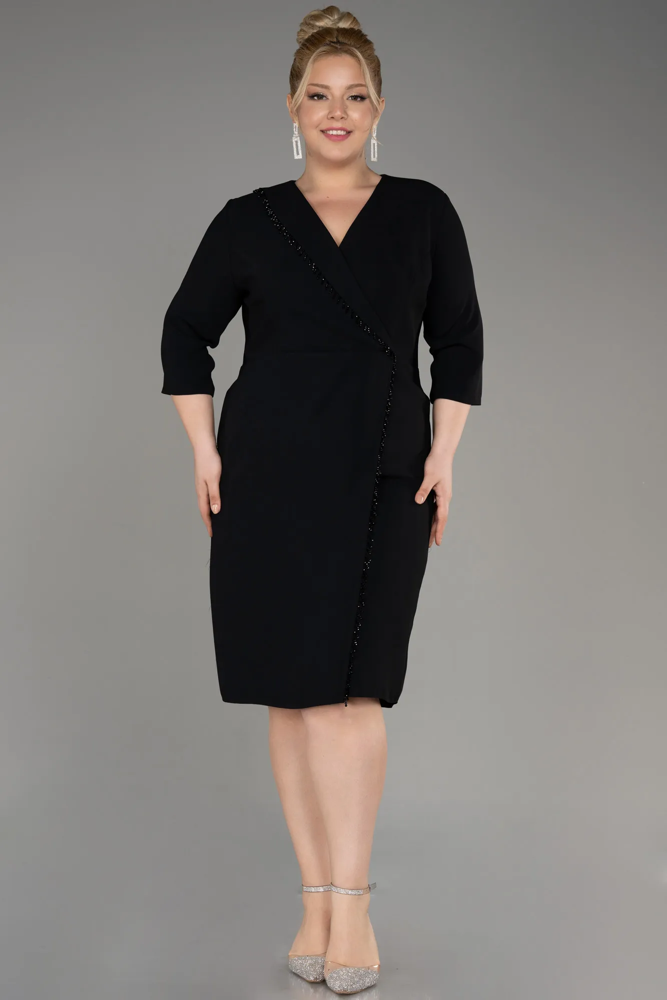 Black-Capri Sleeve Short Plus Size Evening Dress ABK2096