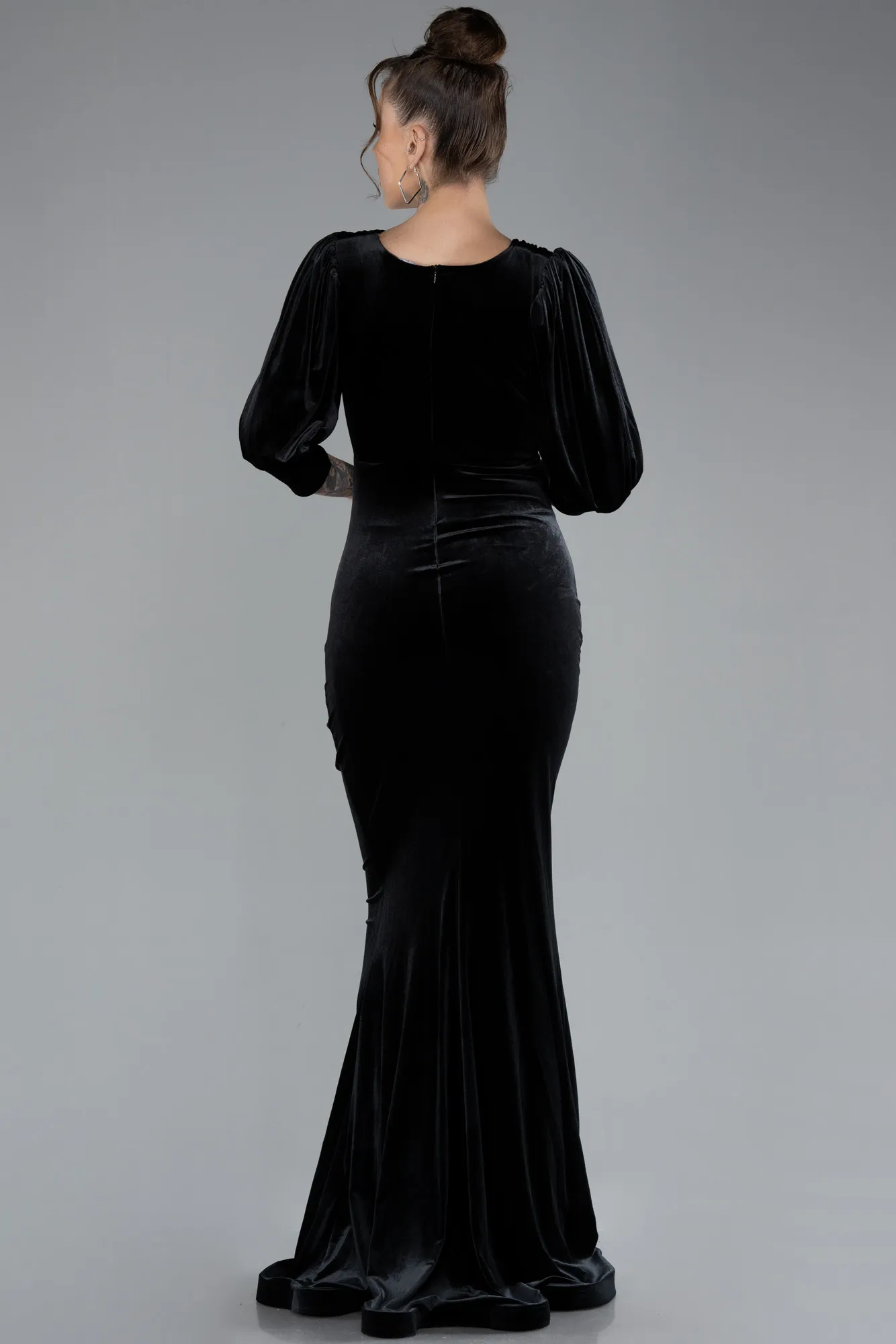 Black-Capri Sleeve Slit Long Velvet Evening Dress ABU4374