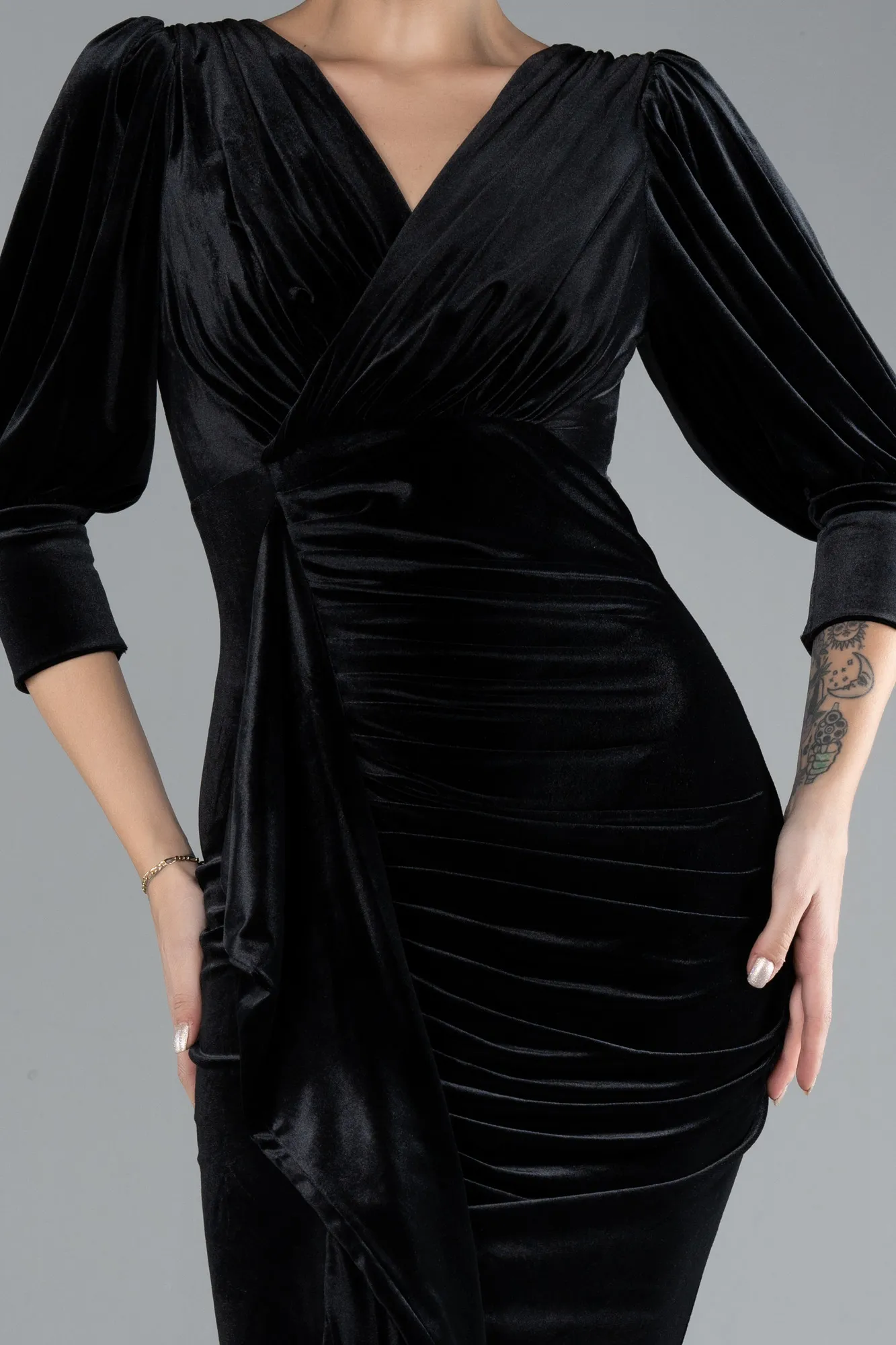 Black-Capri Sleeve Slit Long Velvet Evening Dress ABU4374