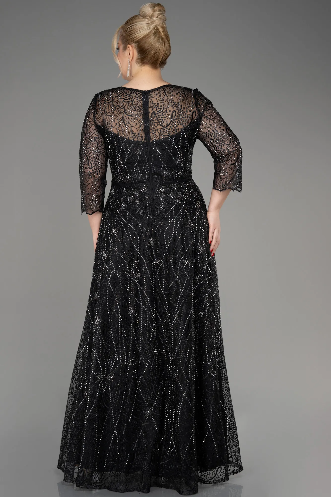 Black-Capri Sleeve Stone Long Guipure Plus Size Evening Dress ABU3929