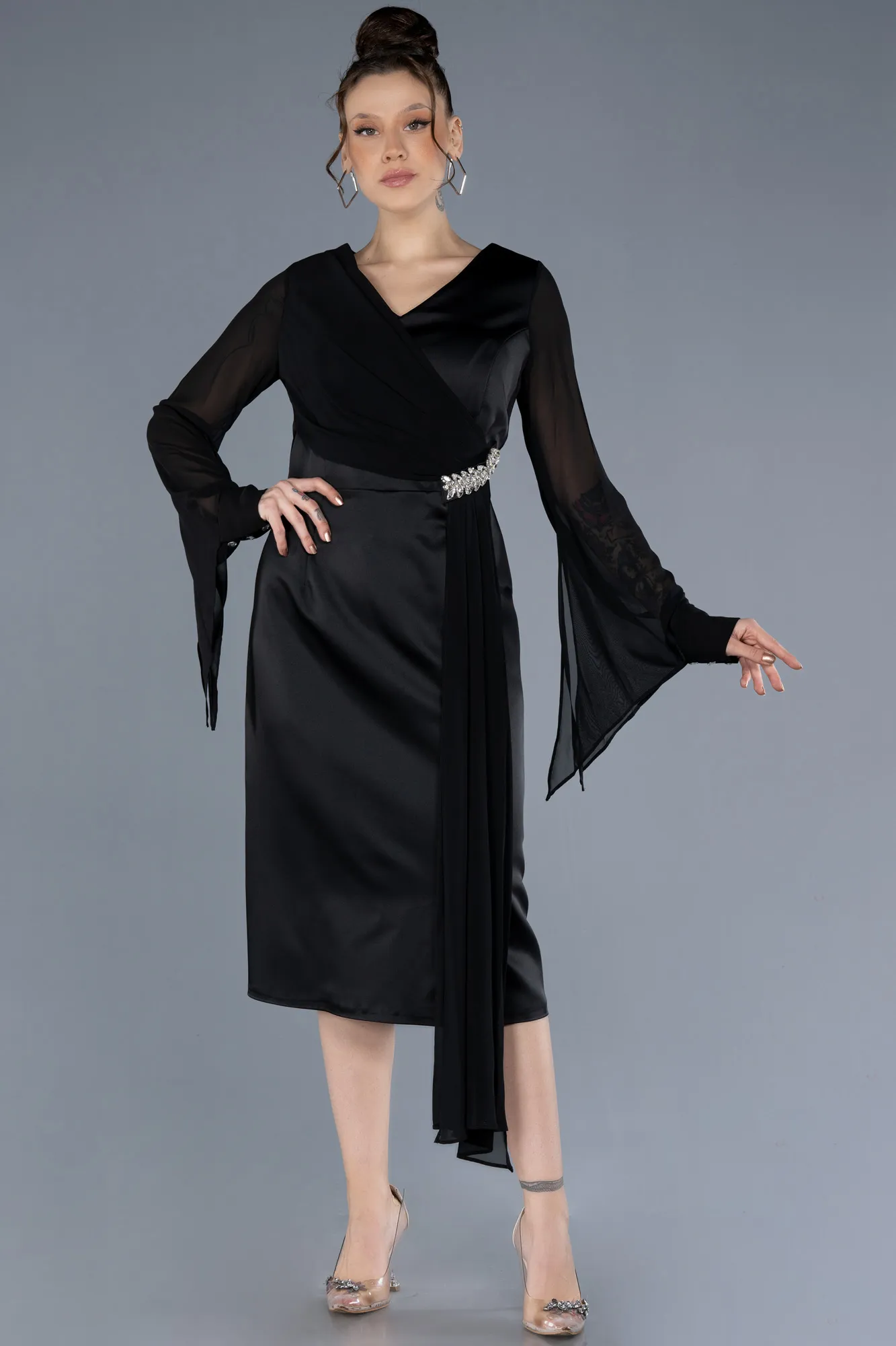 Black-Chiffon Long Sleeve Satin Midi Plus Size Invitation Dress ABK2194