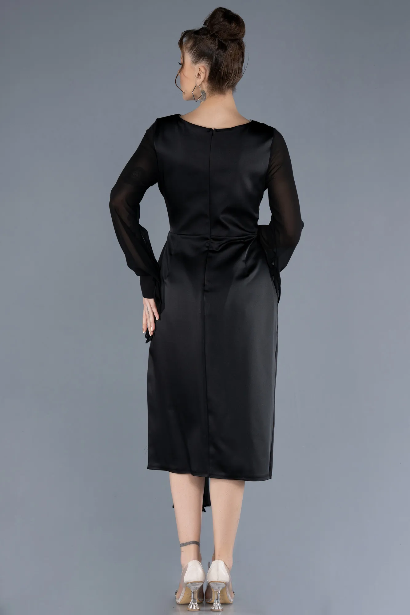 Black-Chiffon Long Sleeve Satin Midi Plus Size Invitation Dress ABK2194