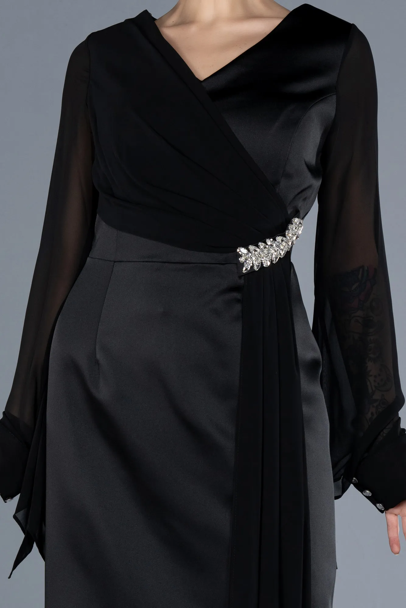 Black-Chiffon Long Sleeve Satin Midi Plus Size Invitation Dress ABK2194