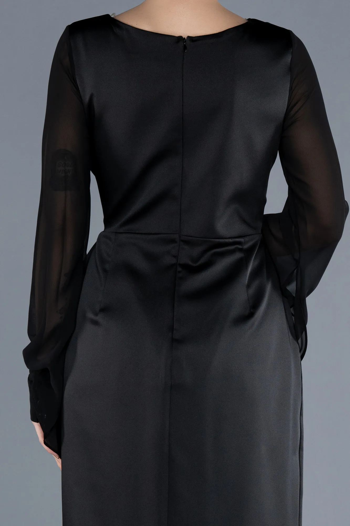 Black-Chiffon Long Sleeve Satin Midi Plus Size Invitation Dress ABK2194