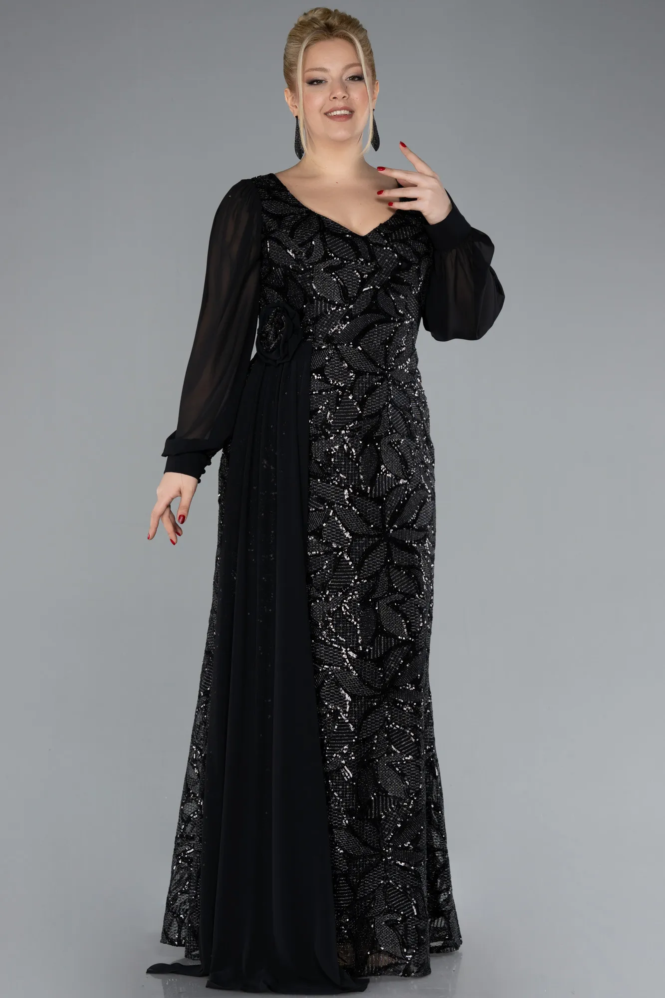 Black-Chiffon Long Sleeve Sequined Plus Size Evening Gown ABU4505