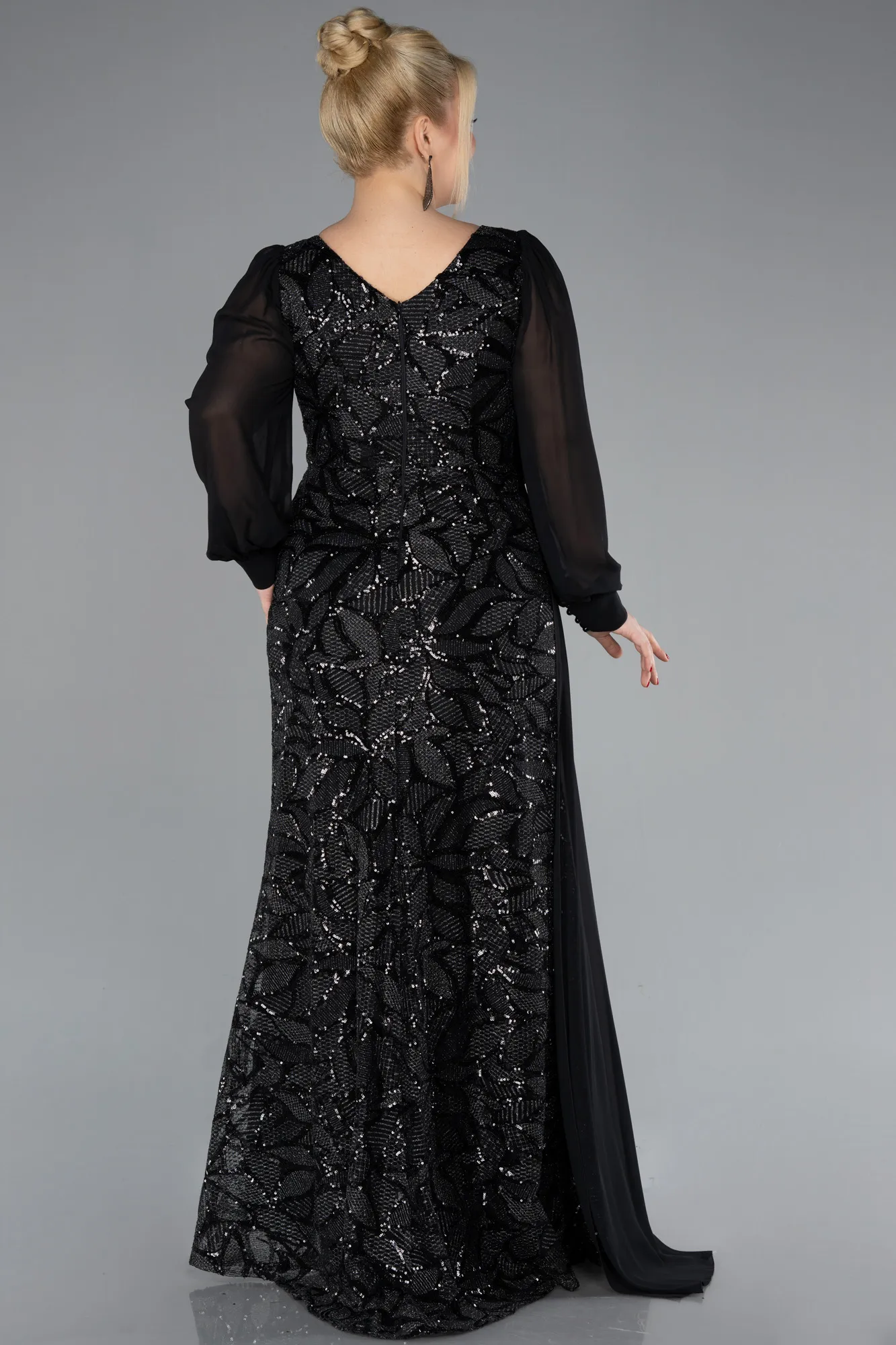 Black-Chiffon Long Sleeve Sequined Plus Size Evening Gown ABU4505