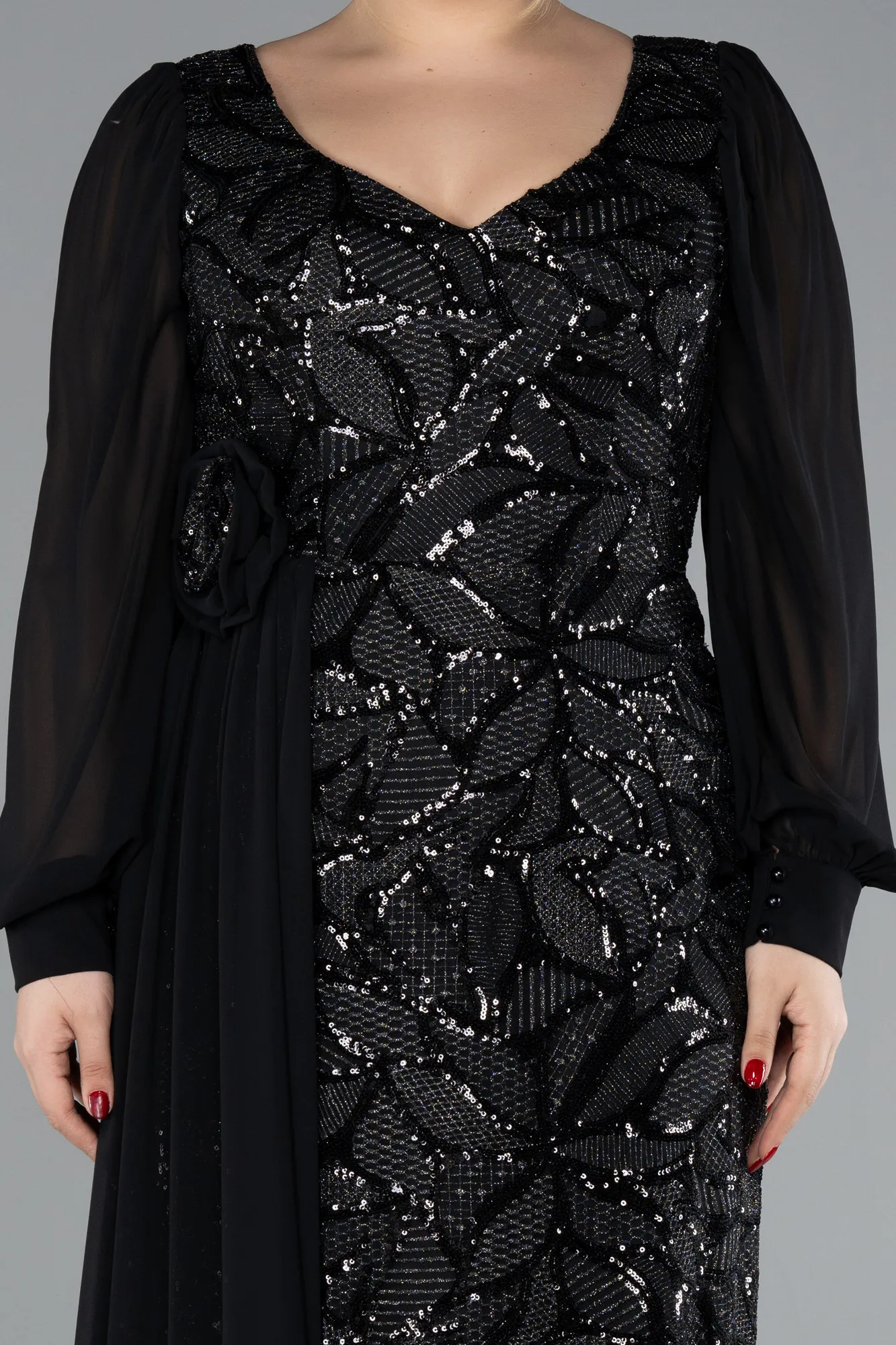 Black-Chiffon Long Sleeve Sequined Plus Size Evening Gown ABU4505