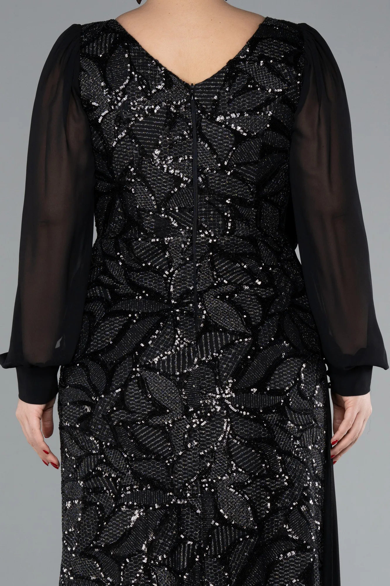 Black-Chiffon Long Sleeve Sequined Plus Size Evening Gown ABU4505