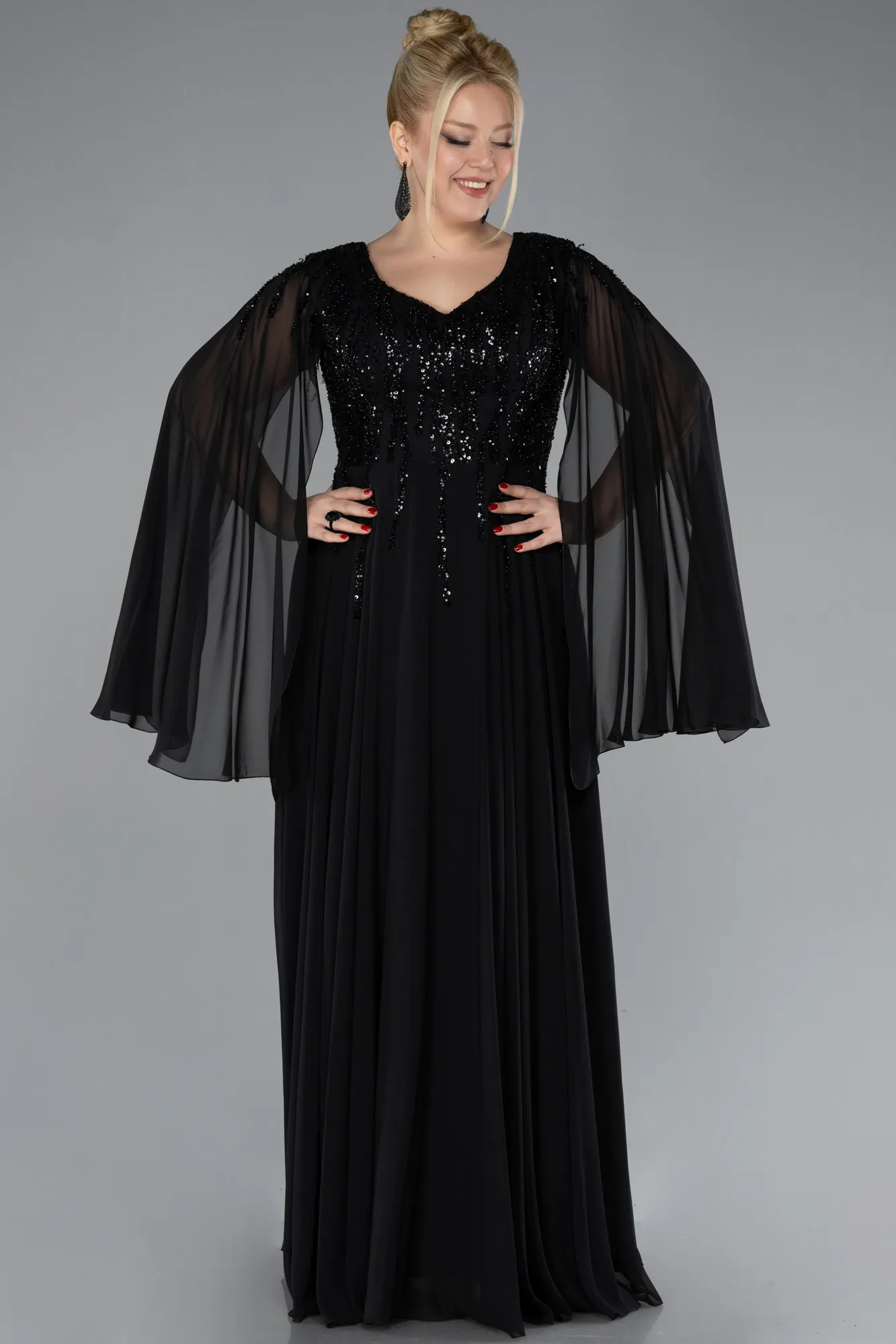 Black-Chiffon Shawl Sleeve V Neck Scaly Long Plus Size Evening Dress ABU4507